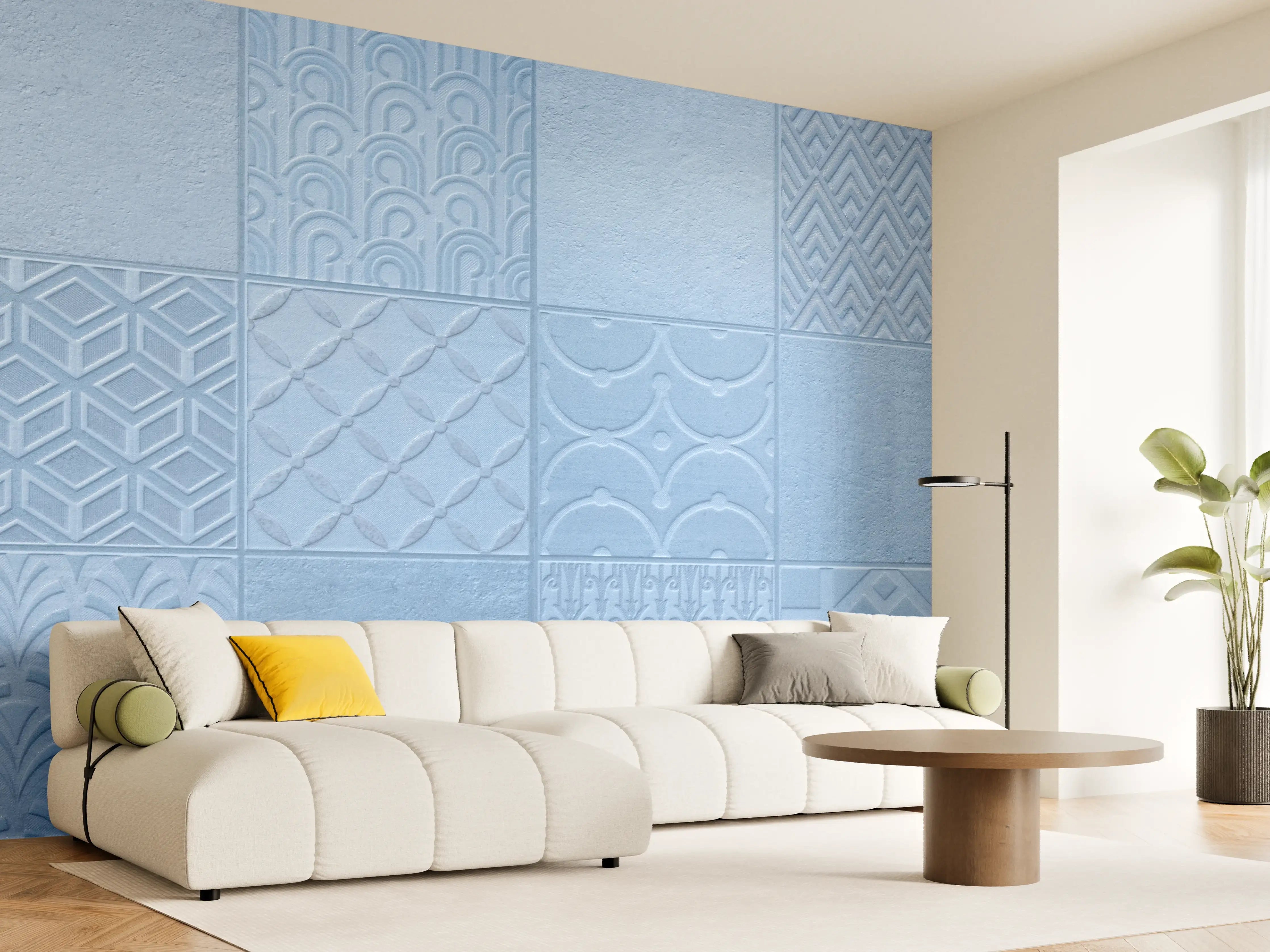 Wandverkleidung Wohnzimmer - Hellblaue Fliesenmuster