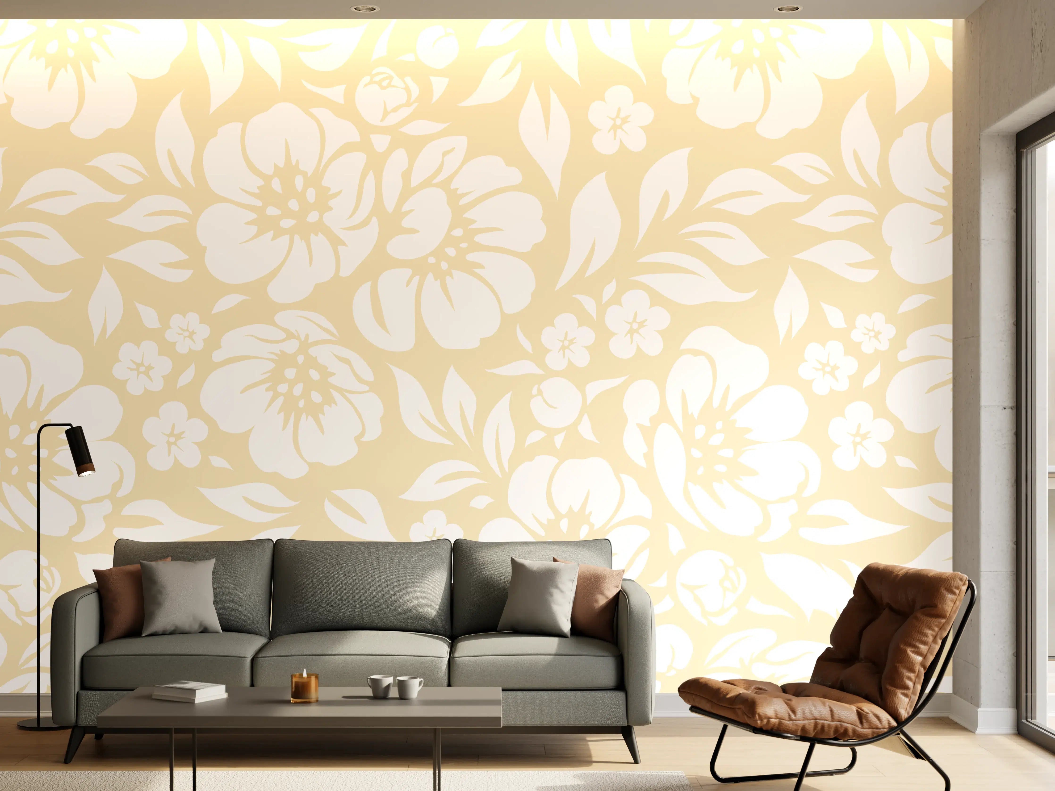 Wandverkleidung Wohnzimmer - Hellblumiges Gartenmuster, sanfte Naturfarben