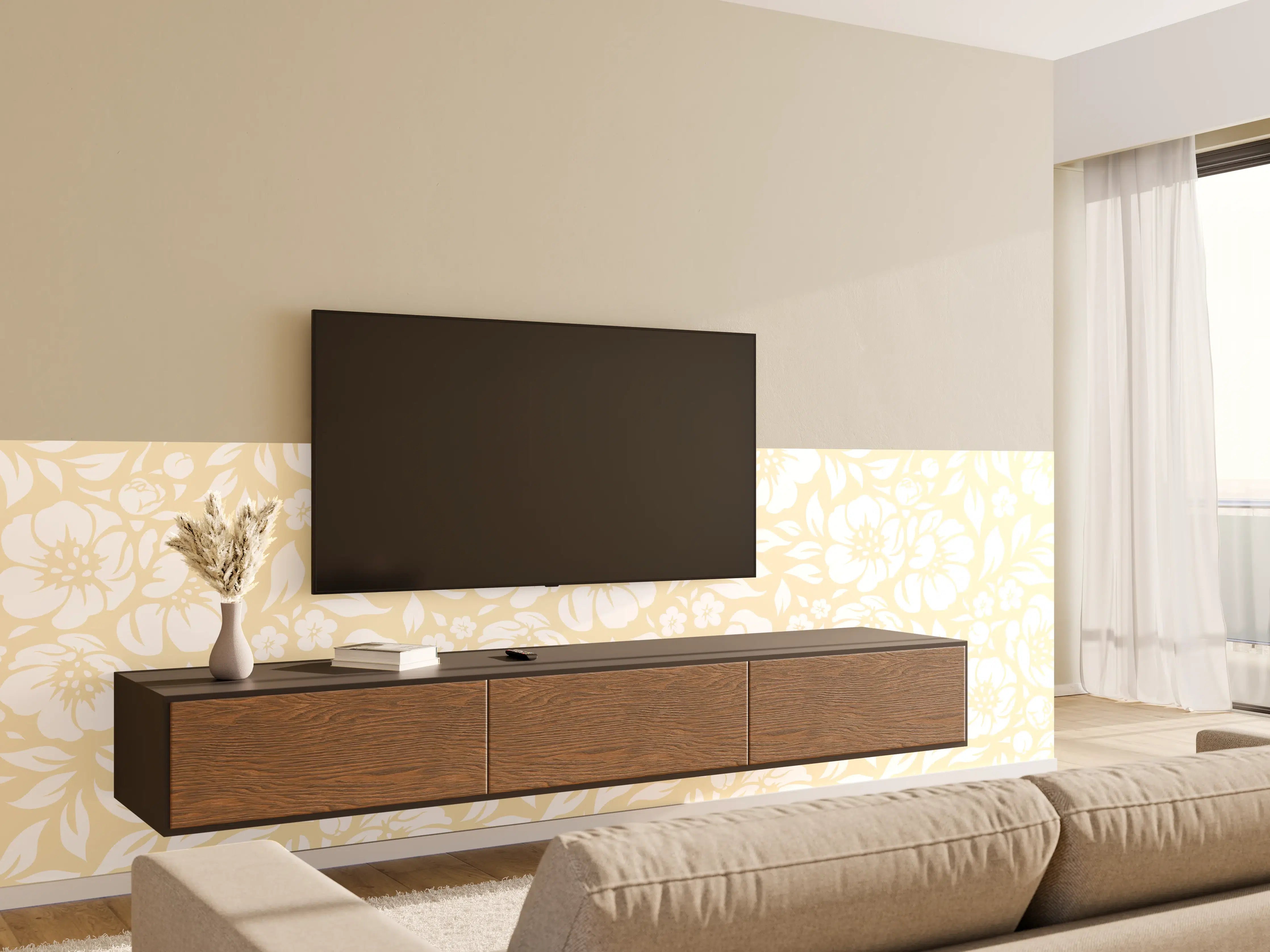 Wandverkleidung Wohnzimmer - Hellblumiges Gartenmuster, sanfte Naturfarben