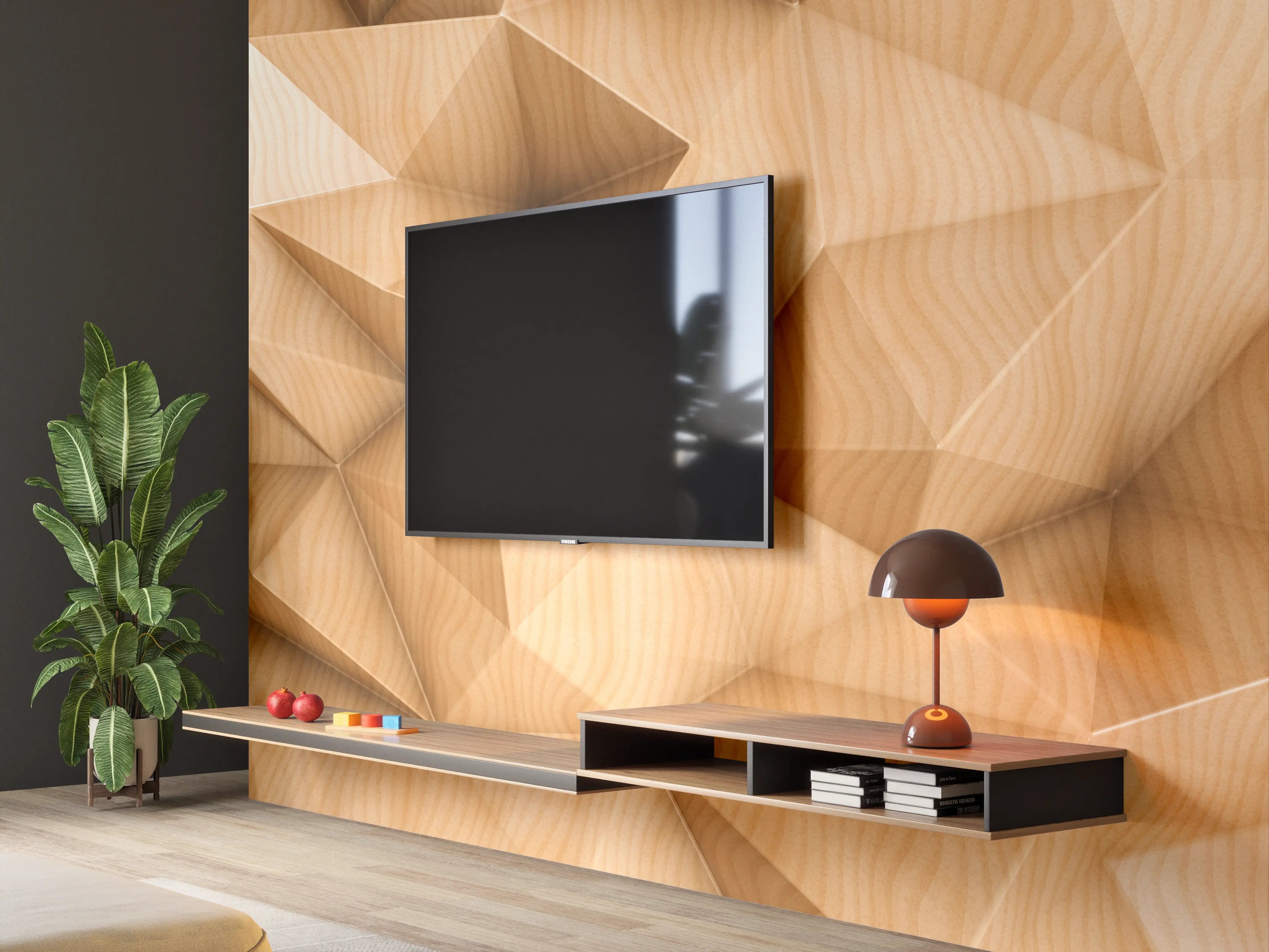 Wandverkleidung Wohnzimmer - Hellbraune Holzstruktur mit geometrischen Mustern