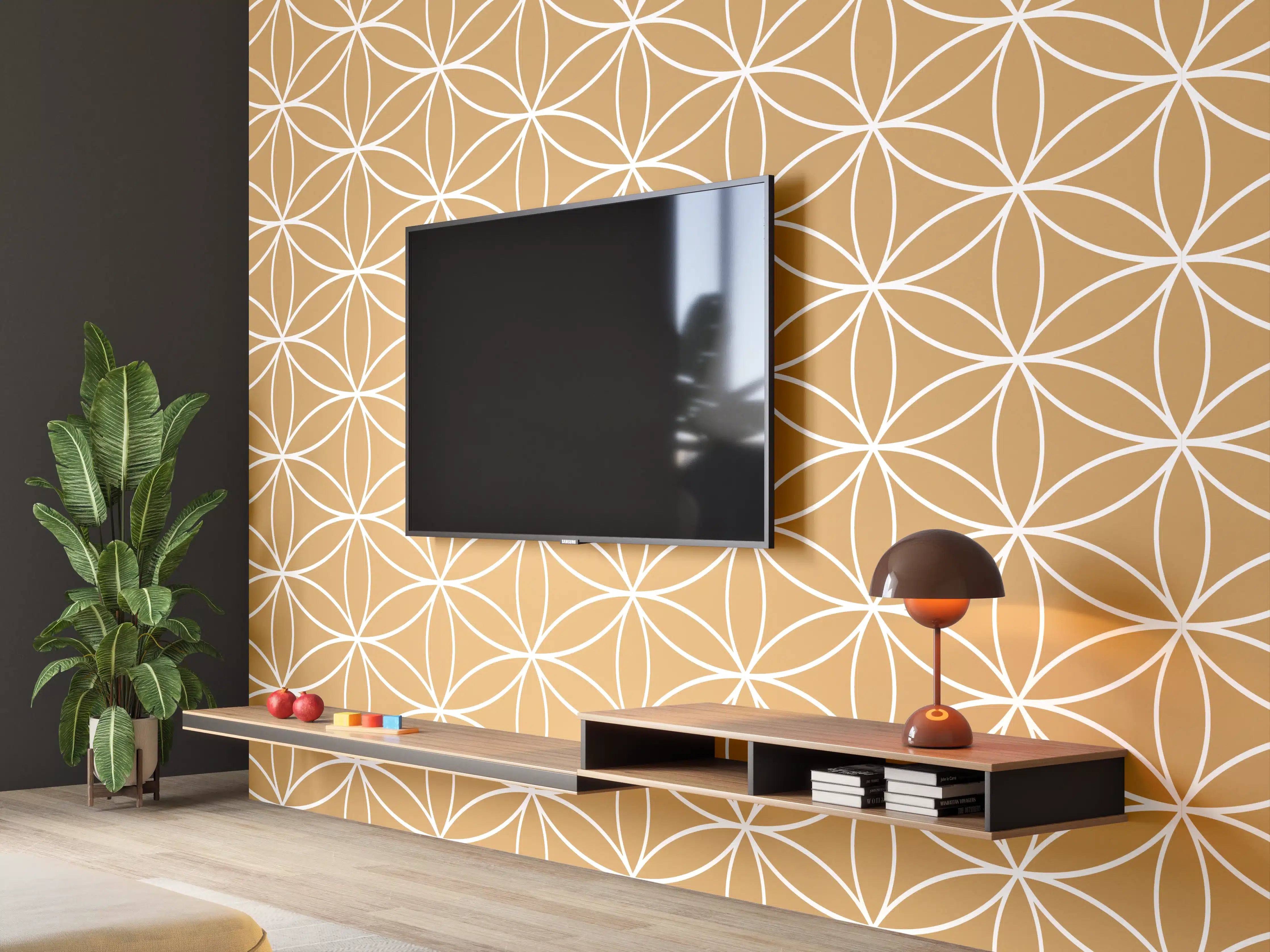 Wandverkleidung Wohnzimmer - Hellbraune geometrische Muster