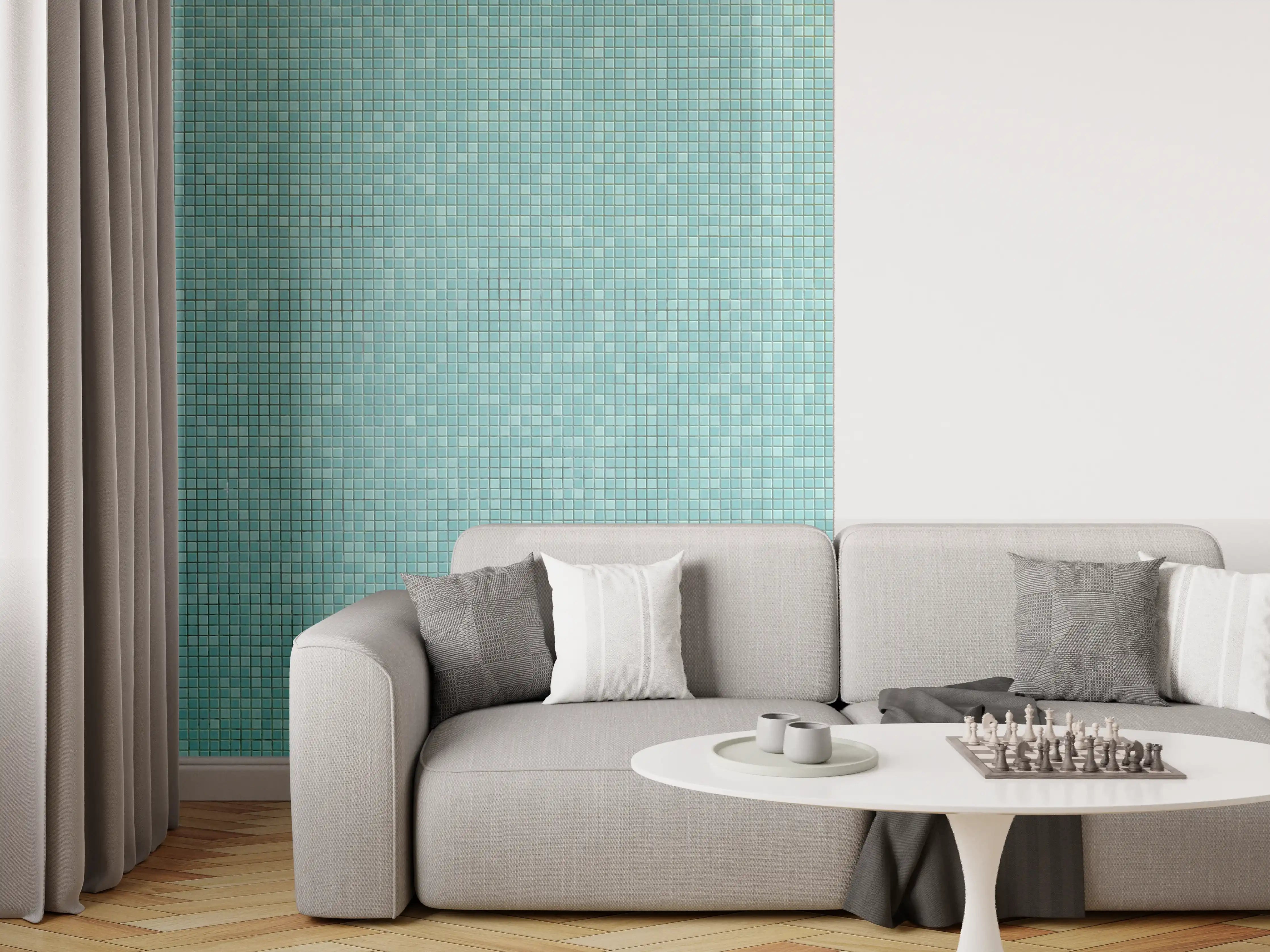 Wandverkleidung Wohnzimmer - Helle Bildmuster in sanften Tönen