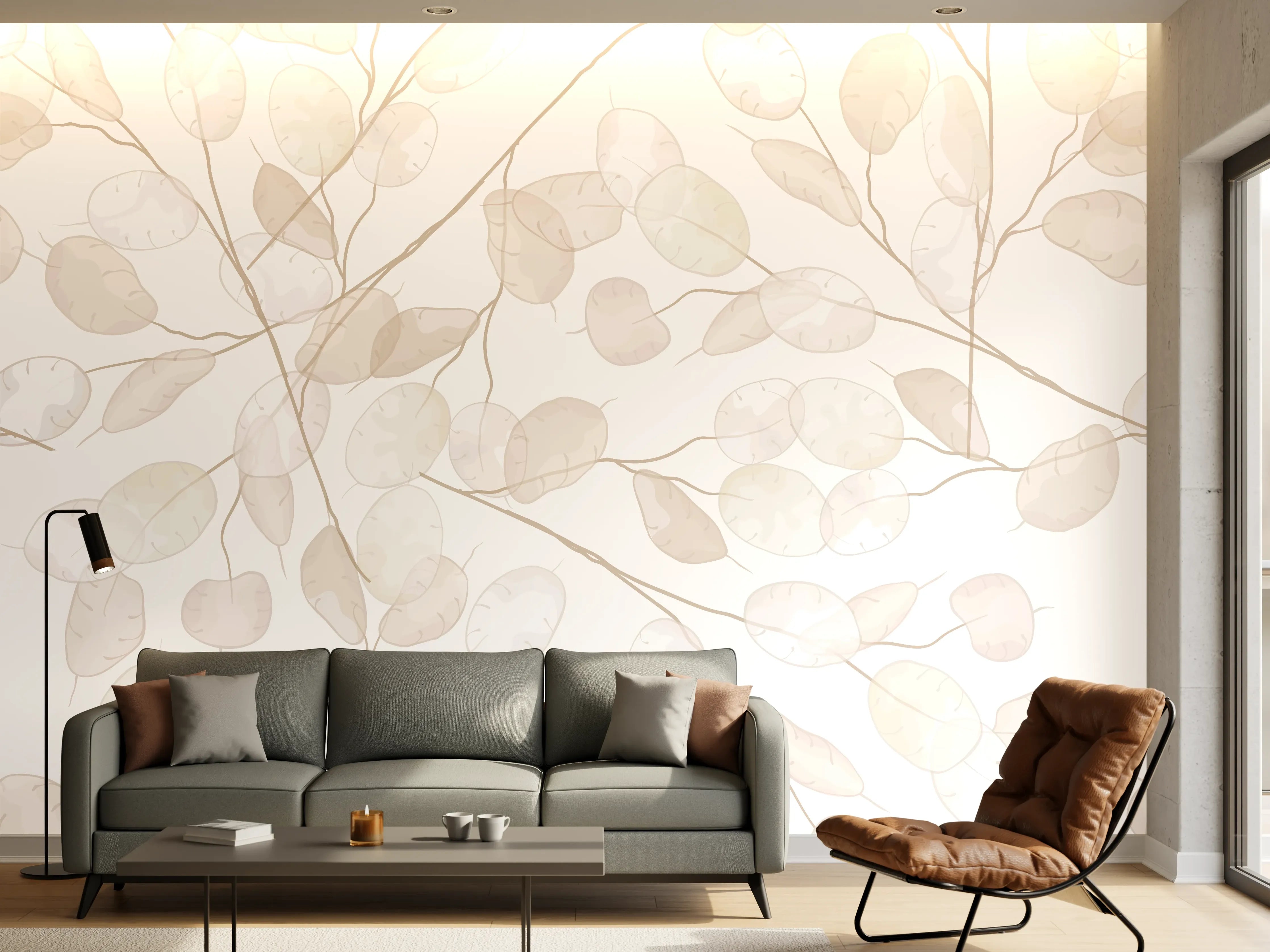Wandverkleidung Wohnzimmer - Helle Blättermuster Wandgestaltung