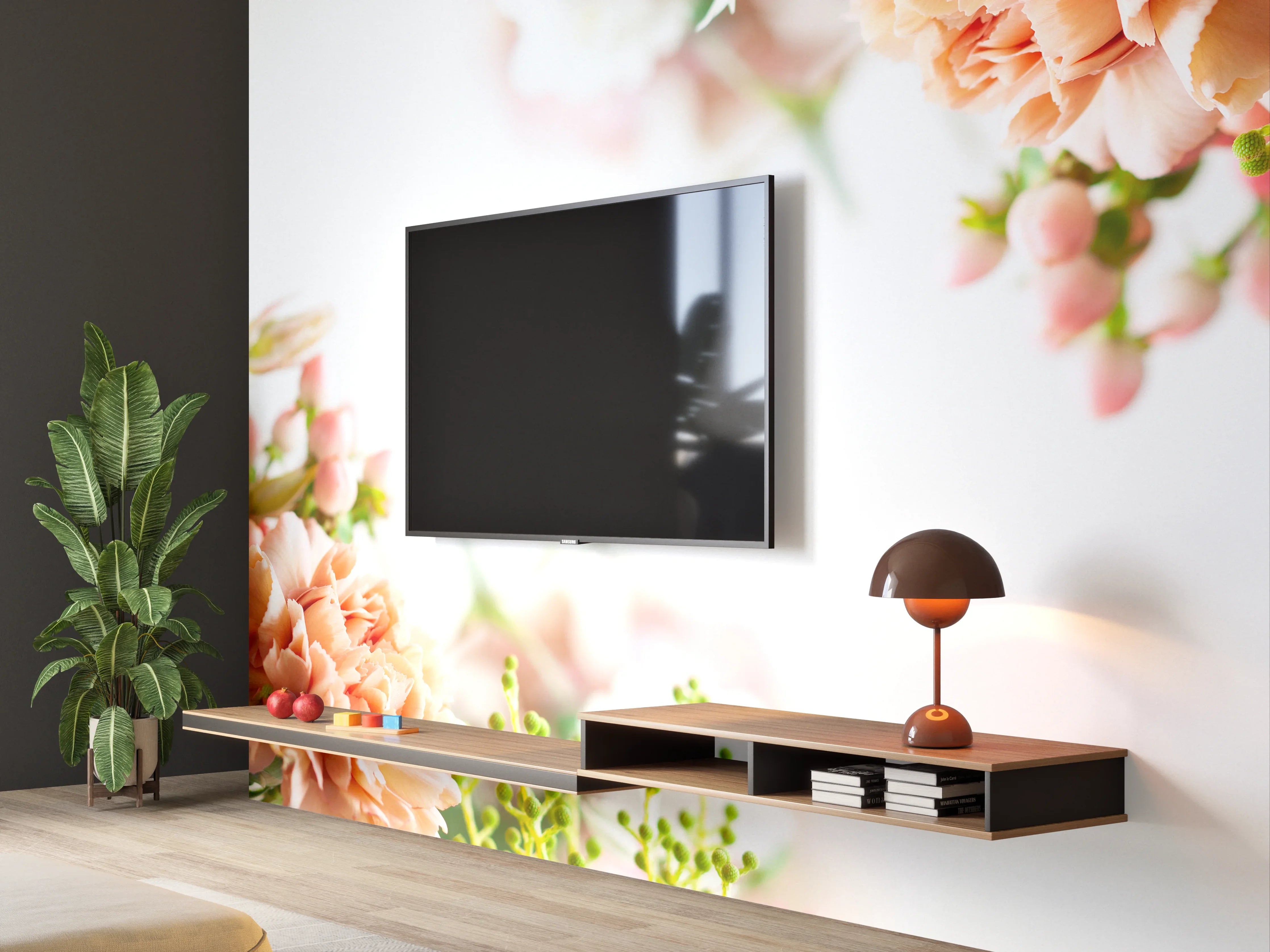 Wandverkleidung Wohnzimmer - Helle Blumenarrangements mit Pfirsichtönen