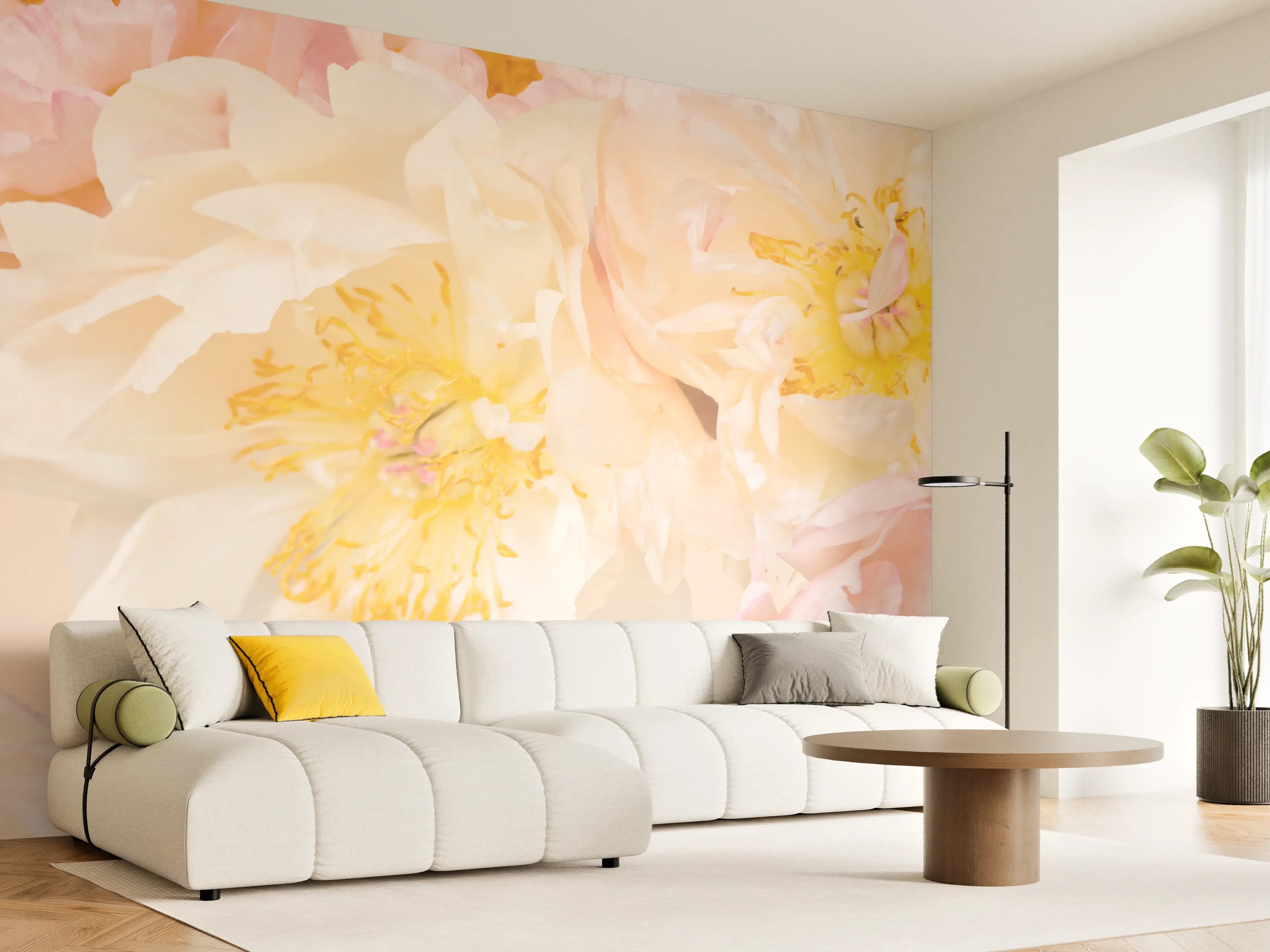 Wandverkleidung Wohnzimmer - Helle Blumenpracht in sanften Pastelltönen