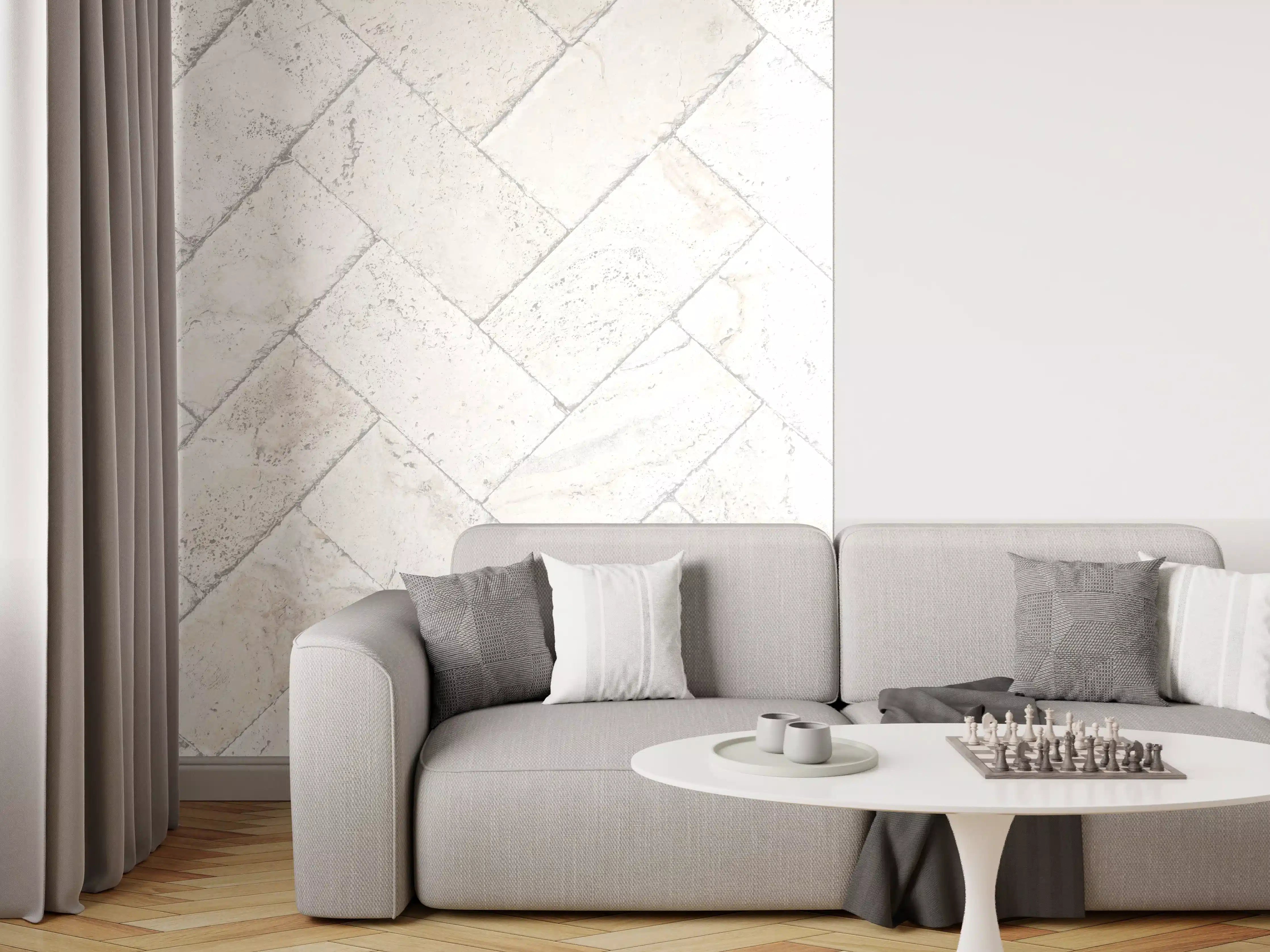 Wandverkleidung Wohnzimmer - Helle Fliesen im Zickzack-Design