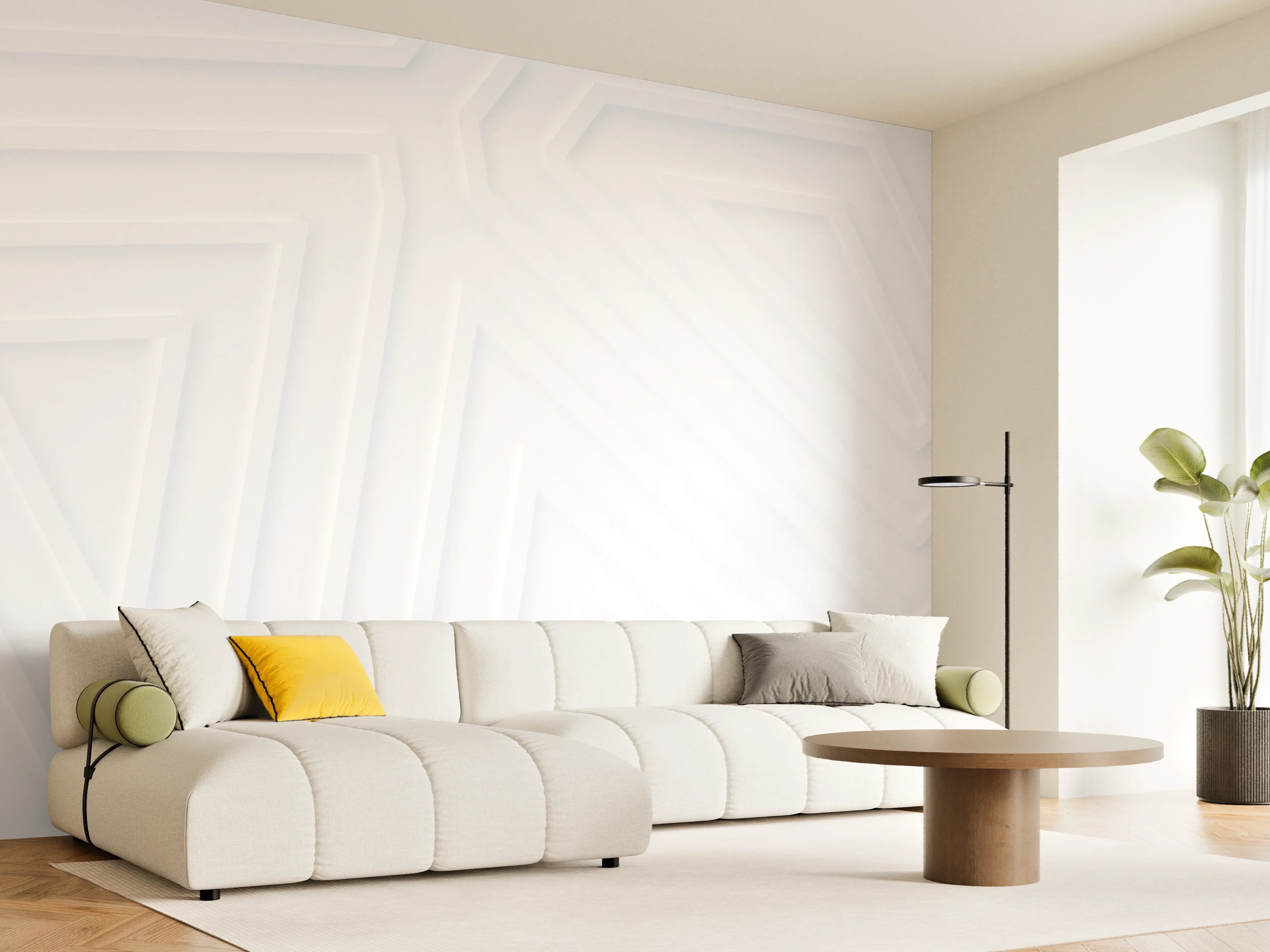 Wandverkleidung Wohnzimmer - Helle Grautöne: Geometrische Wandkunst