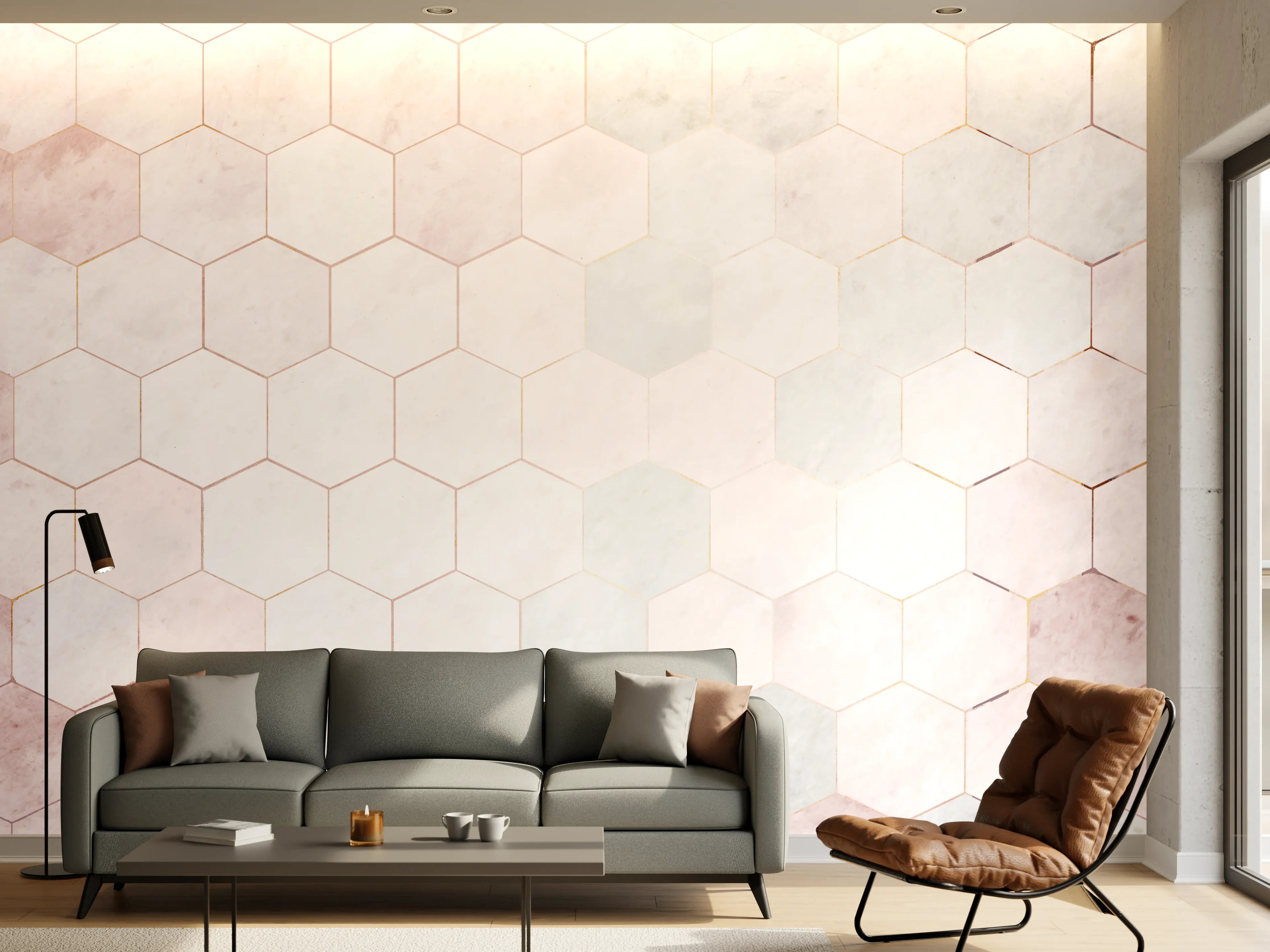 Wandverkleidung Wohnzimmer - Helle Hexagon-Fliesen mit pastellfarbenem Muster