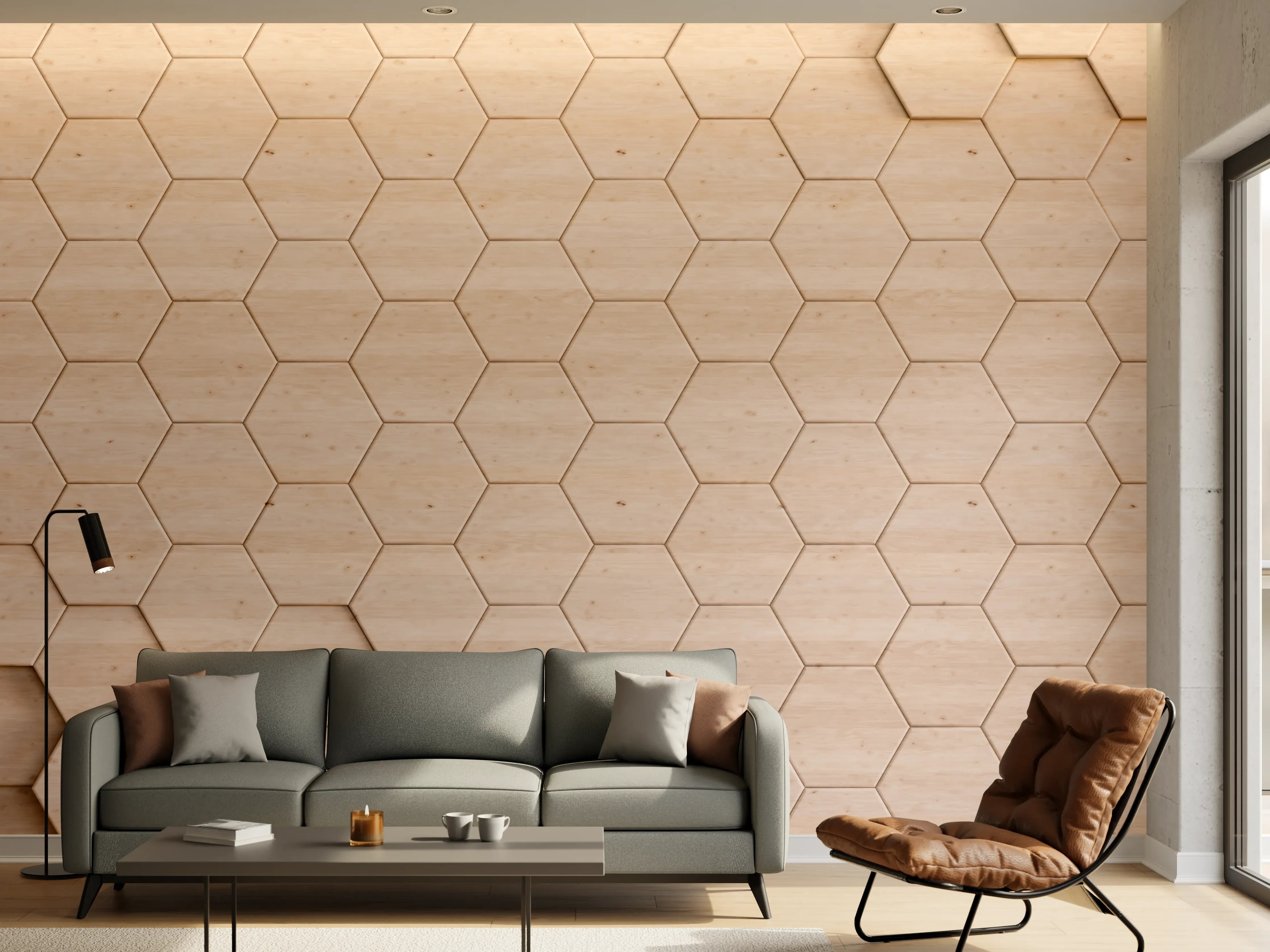 Wandverkleidung Wohnzimmer - Helle Holzoberfläche mit Hexagon-Mustern