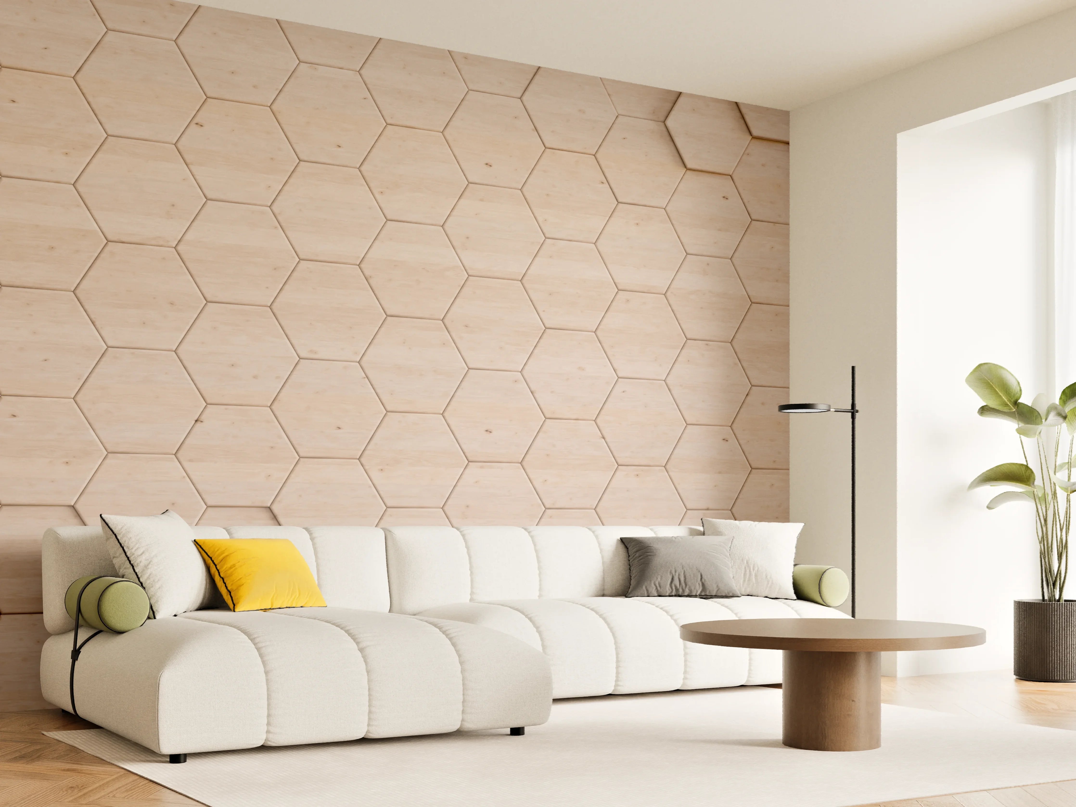Wandverkleidung Wohnzimmer - Helle Holzoberfläche mit Hexagon-Mustern