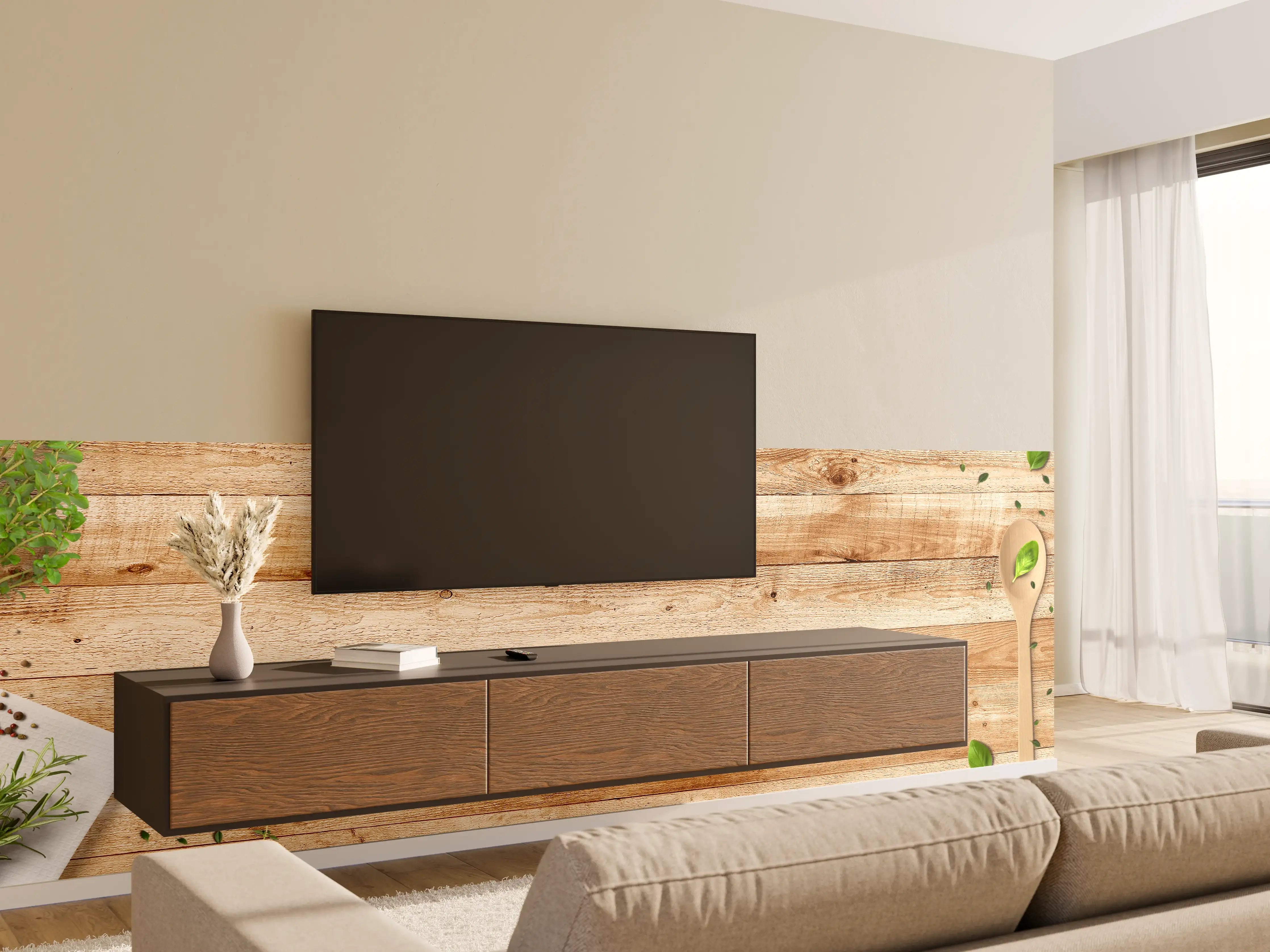 Wandverkleidung Wohnzimmer - Helle Holzoberfläche mit Pflanzenakzenten