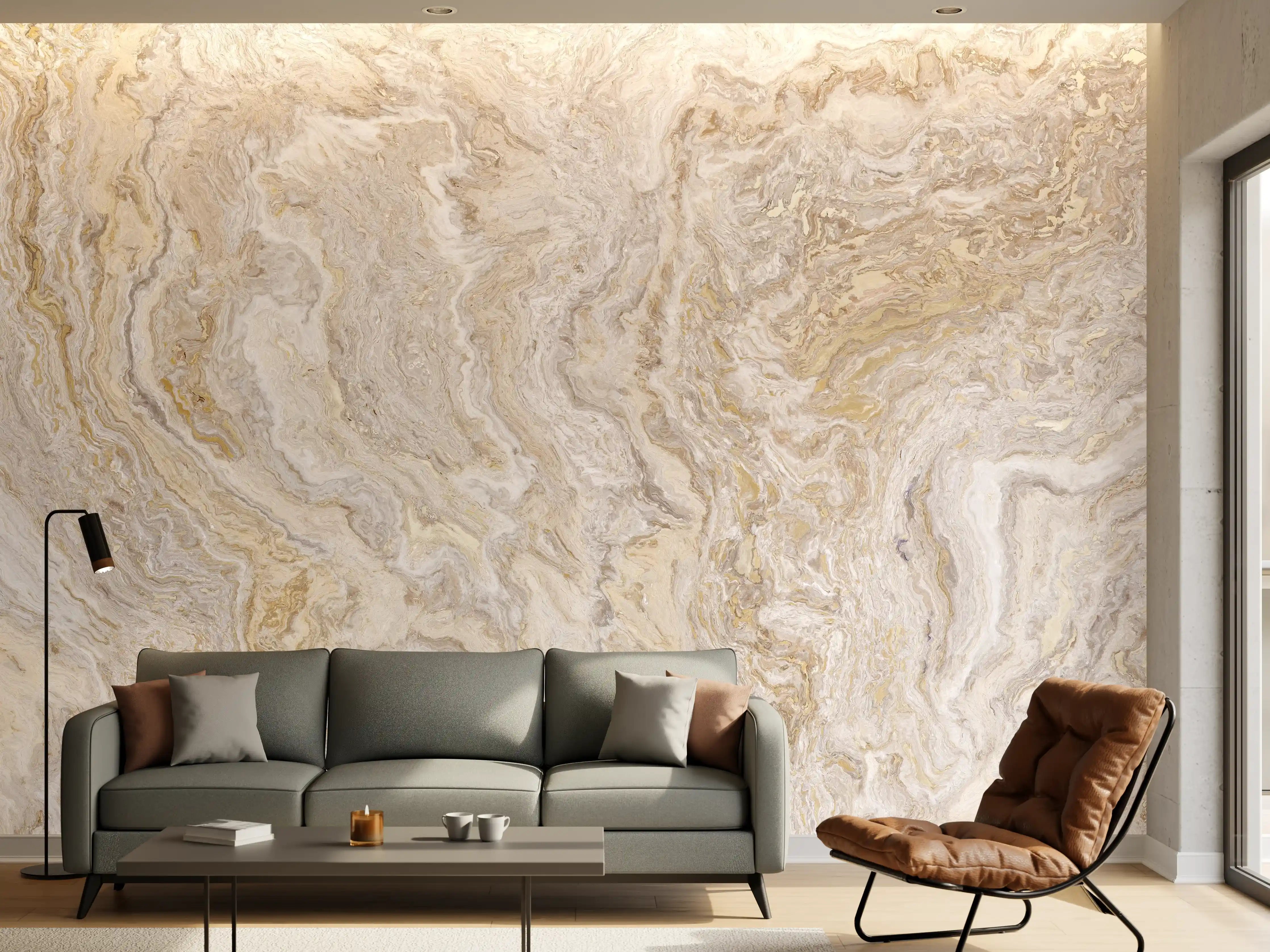 Wandverkleidung Wohnzimmer - Helle Marmoroptik in Naturfarben