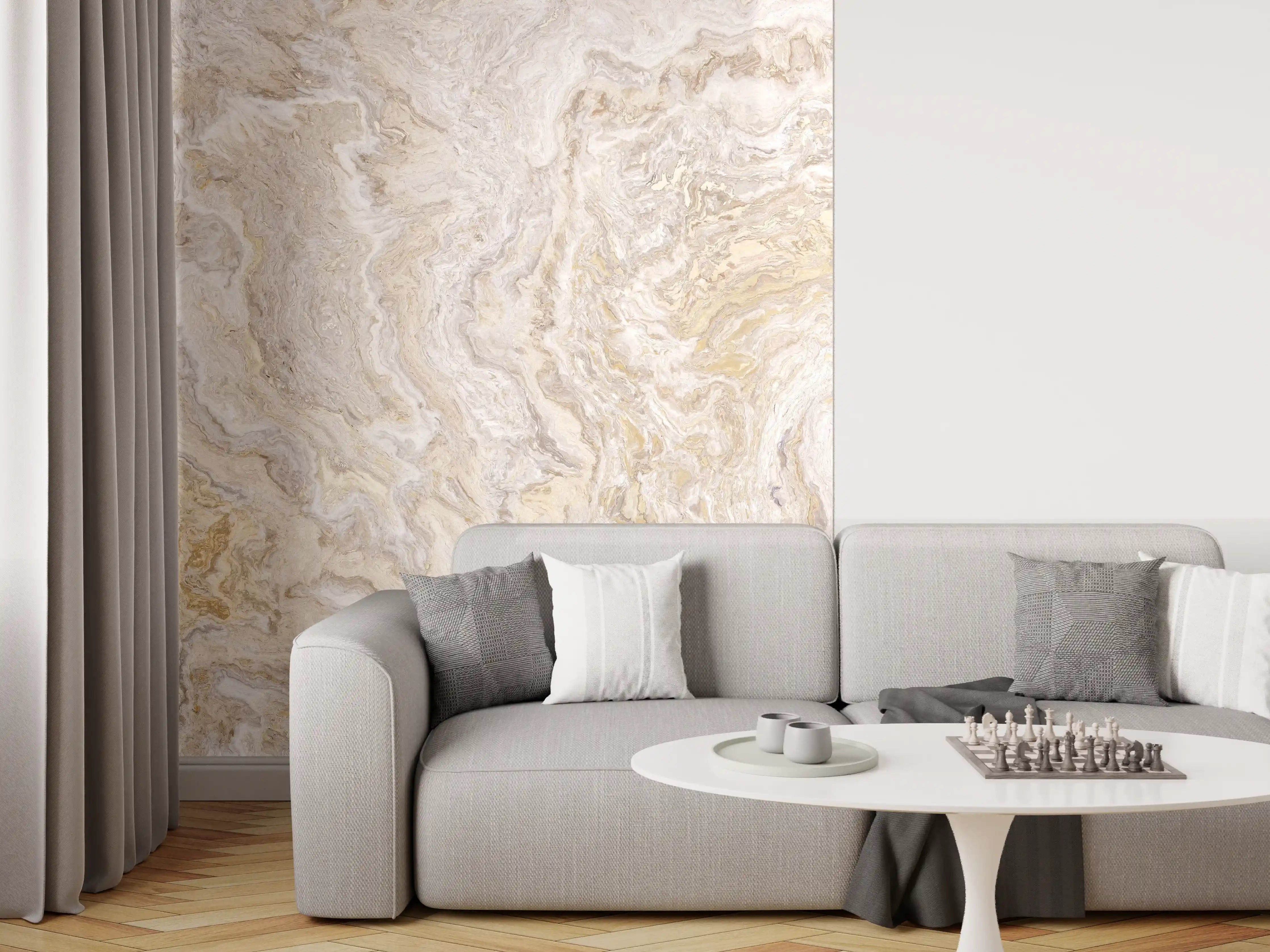Wandverkleidung Wohnzimmer - Helle Marmoroptik in Naturfarben