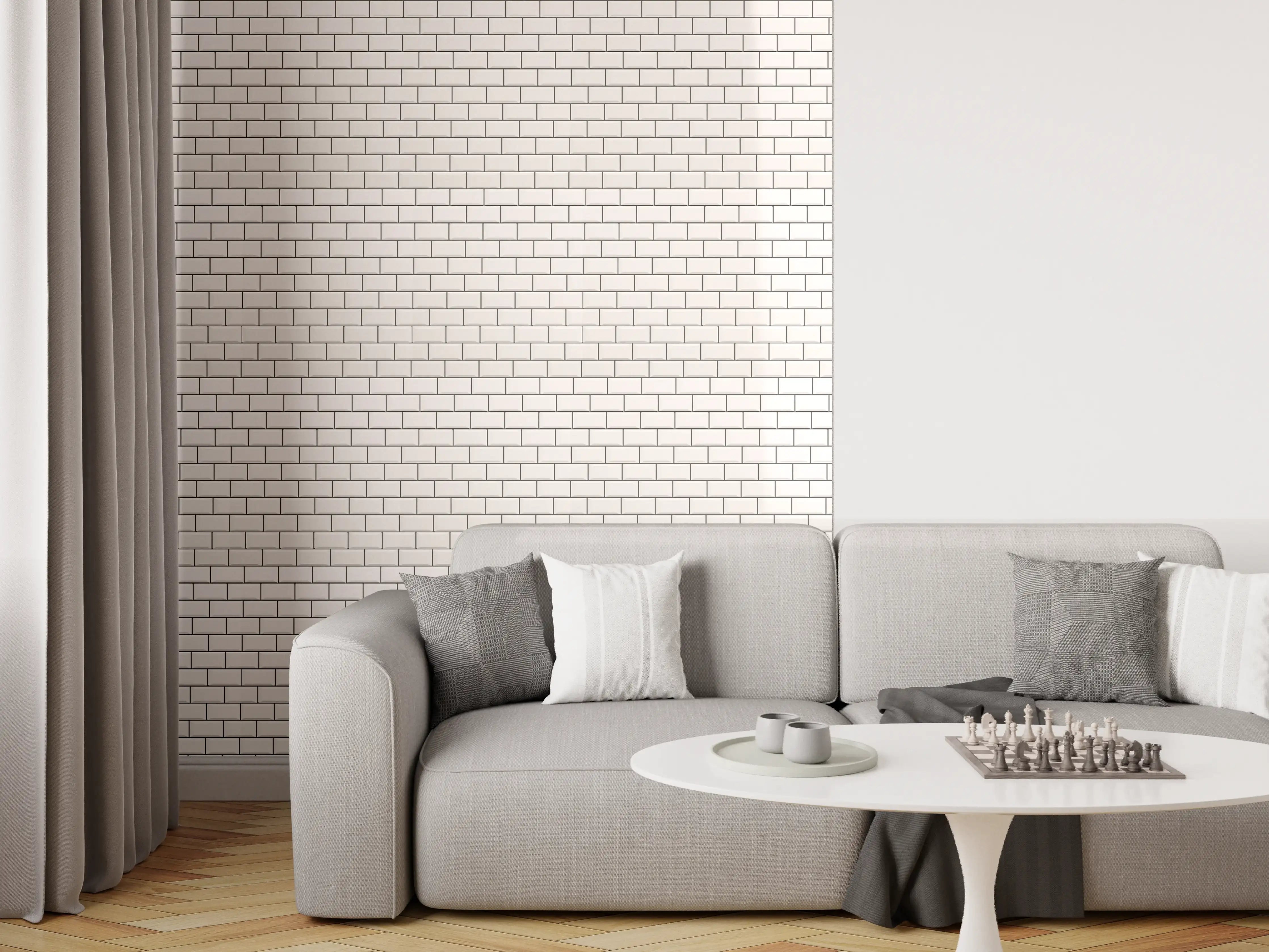 Wandverkleidung Wohnzimmer - Helle weiße Ziegelmauer