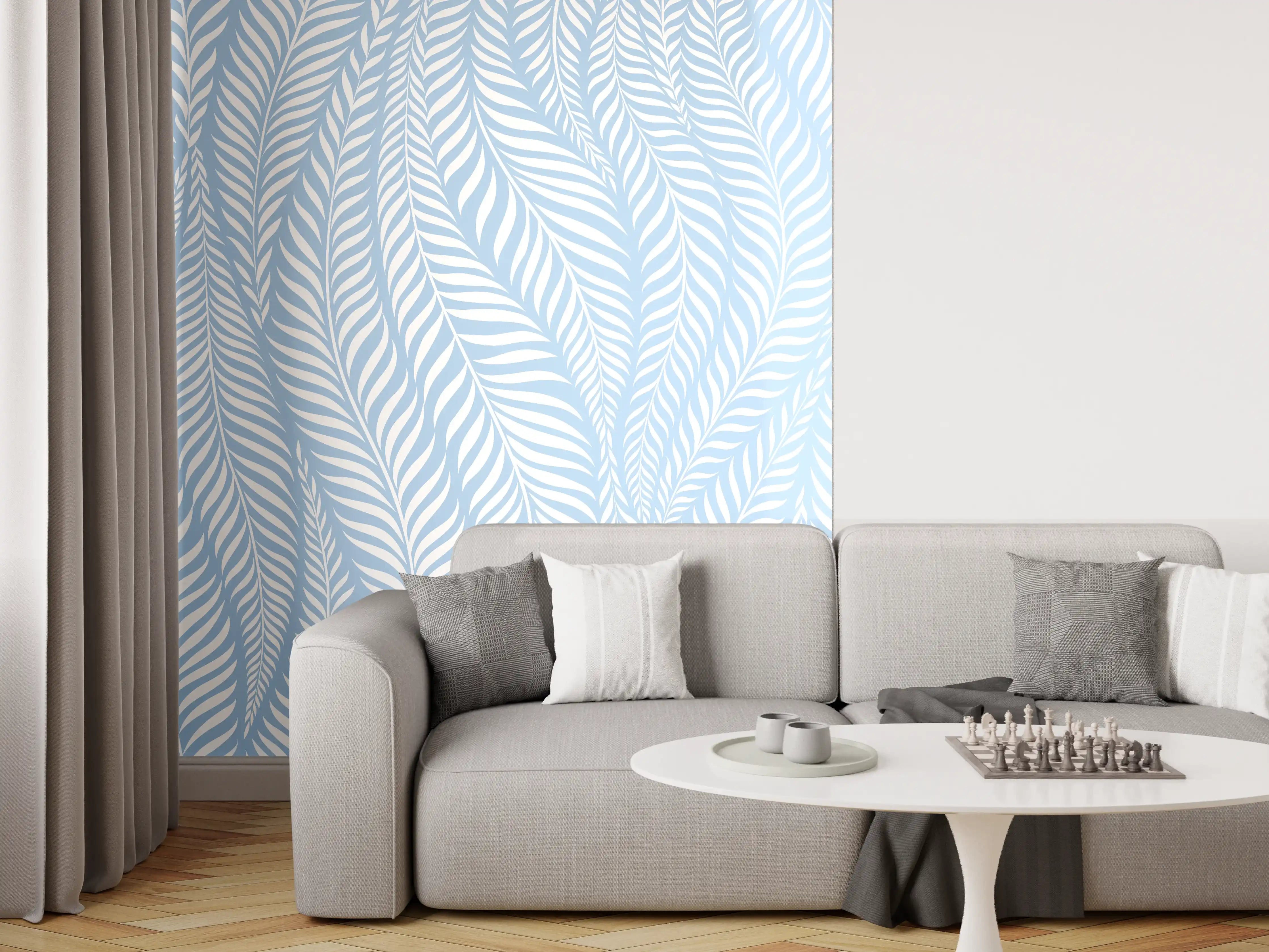 Wandverkleidung Wohnzimmer - Helle, elegante Blattmuster-Wandgestaltung