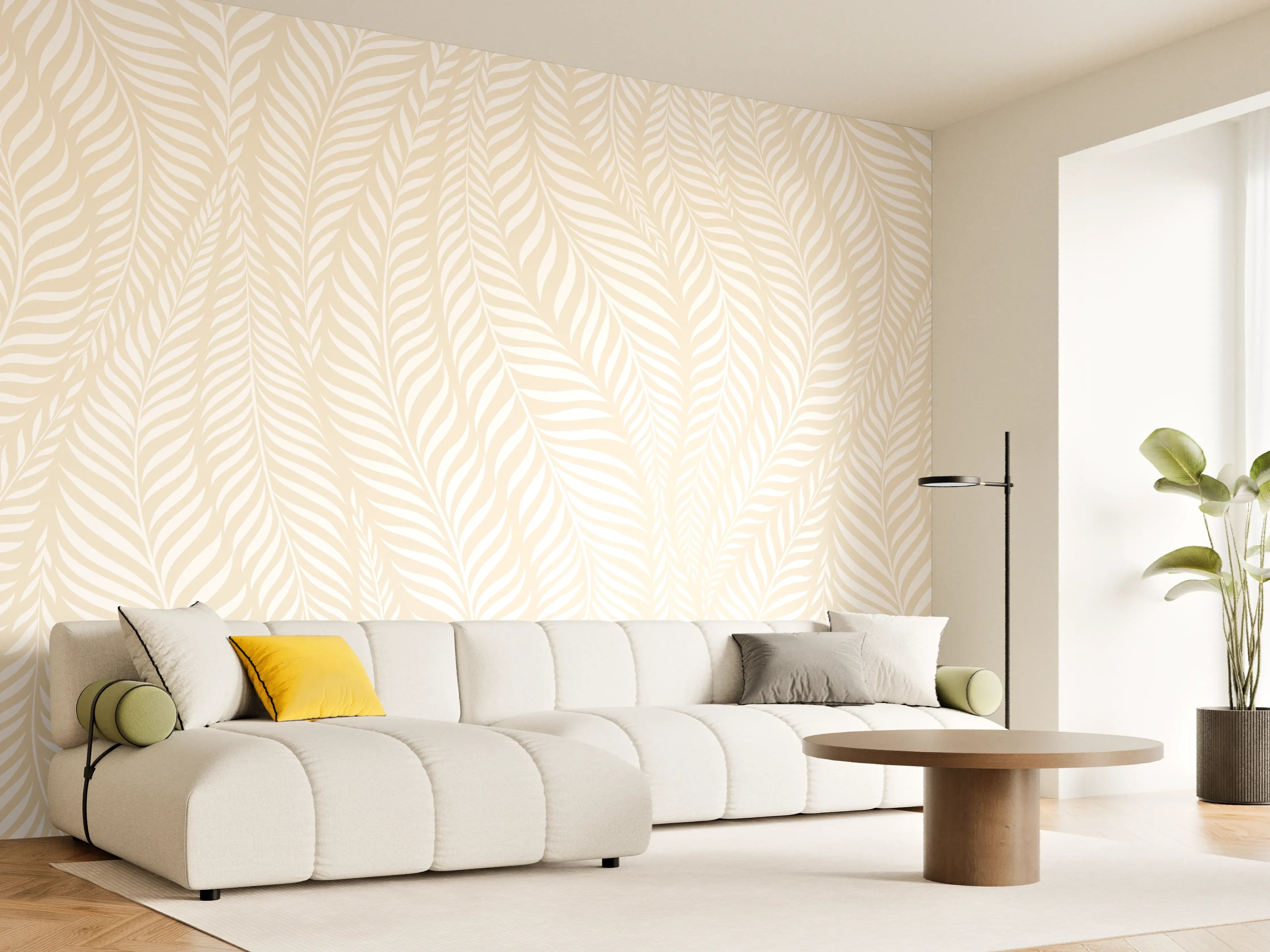 Wandverkleidung Wohnzimmer - Helle, elegante Tapete mit feinem Blattmuster