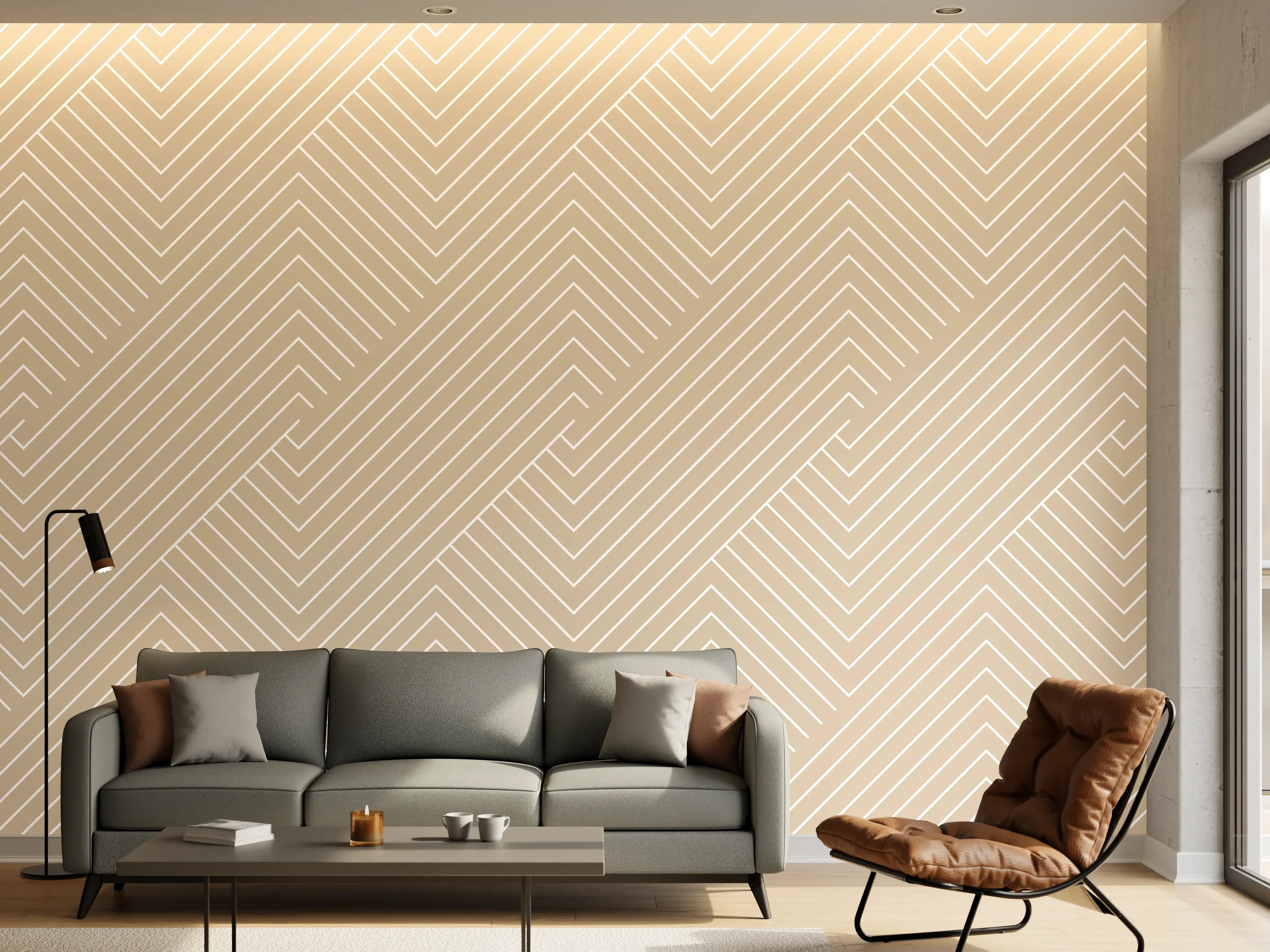 Wandverkleidung Wohnzimmer - Helle, geometrische Musterwand in Beige