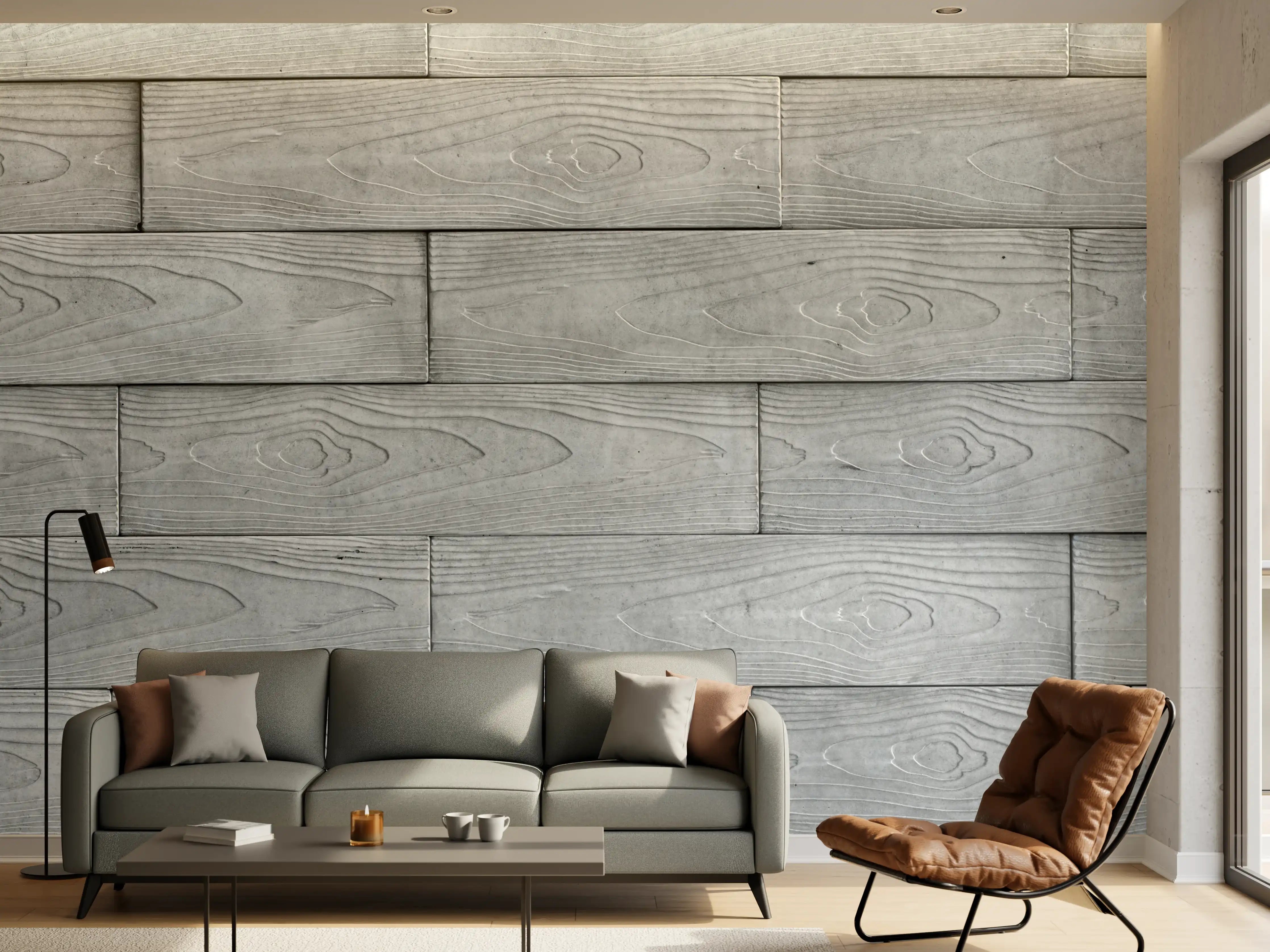 Wandverkleidung Wohnzimmer - Helle, moderne Holzwand in Grau