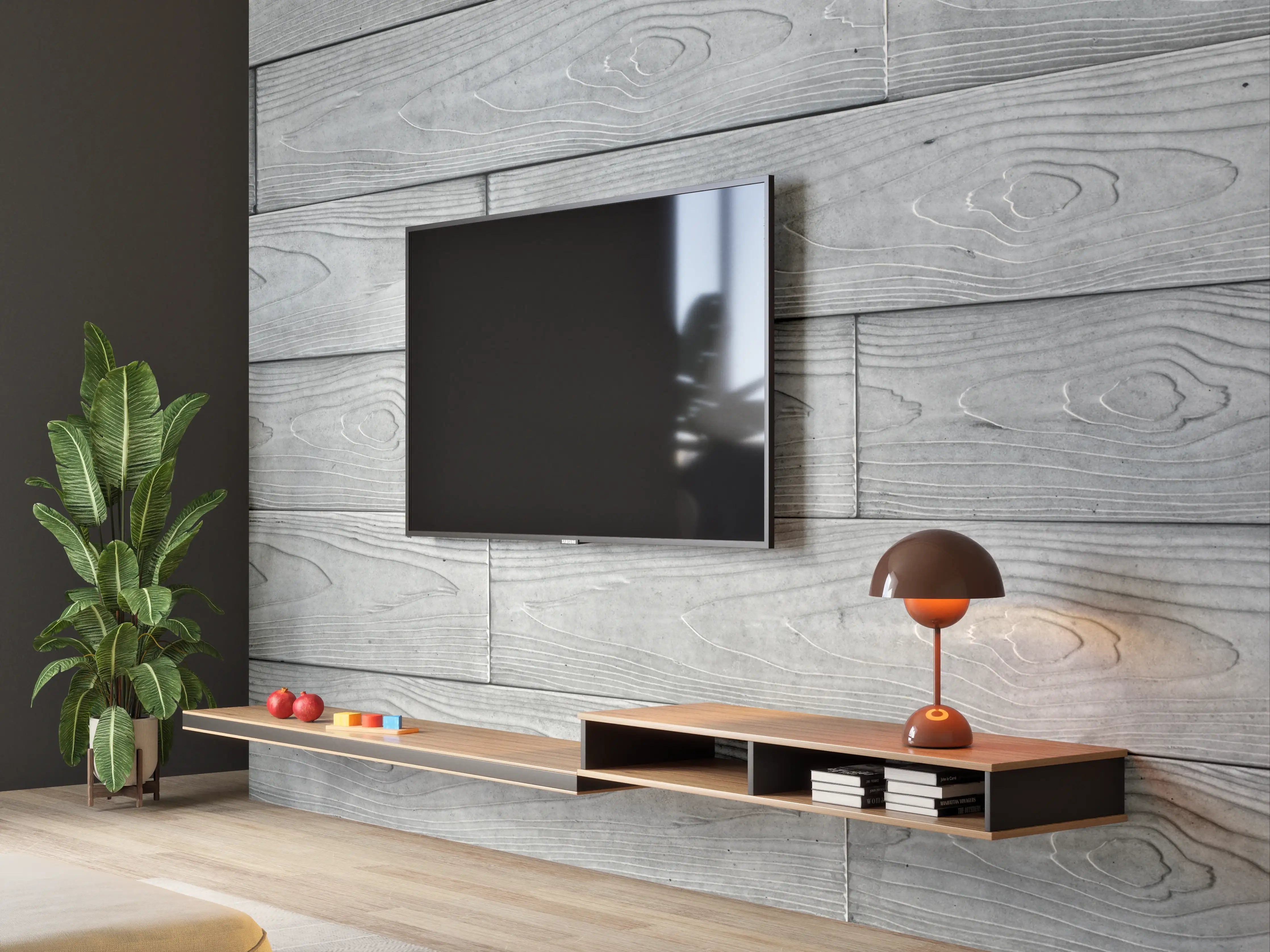 Wandverkleidung Wohnzimmer - Helle, moderne Holzwand in Grau