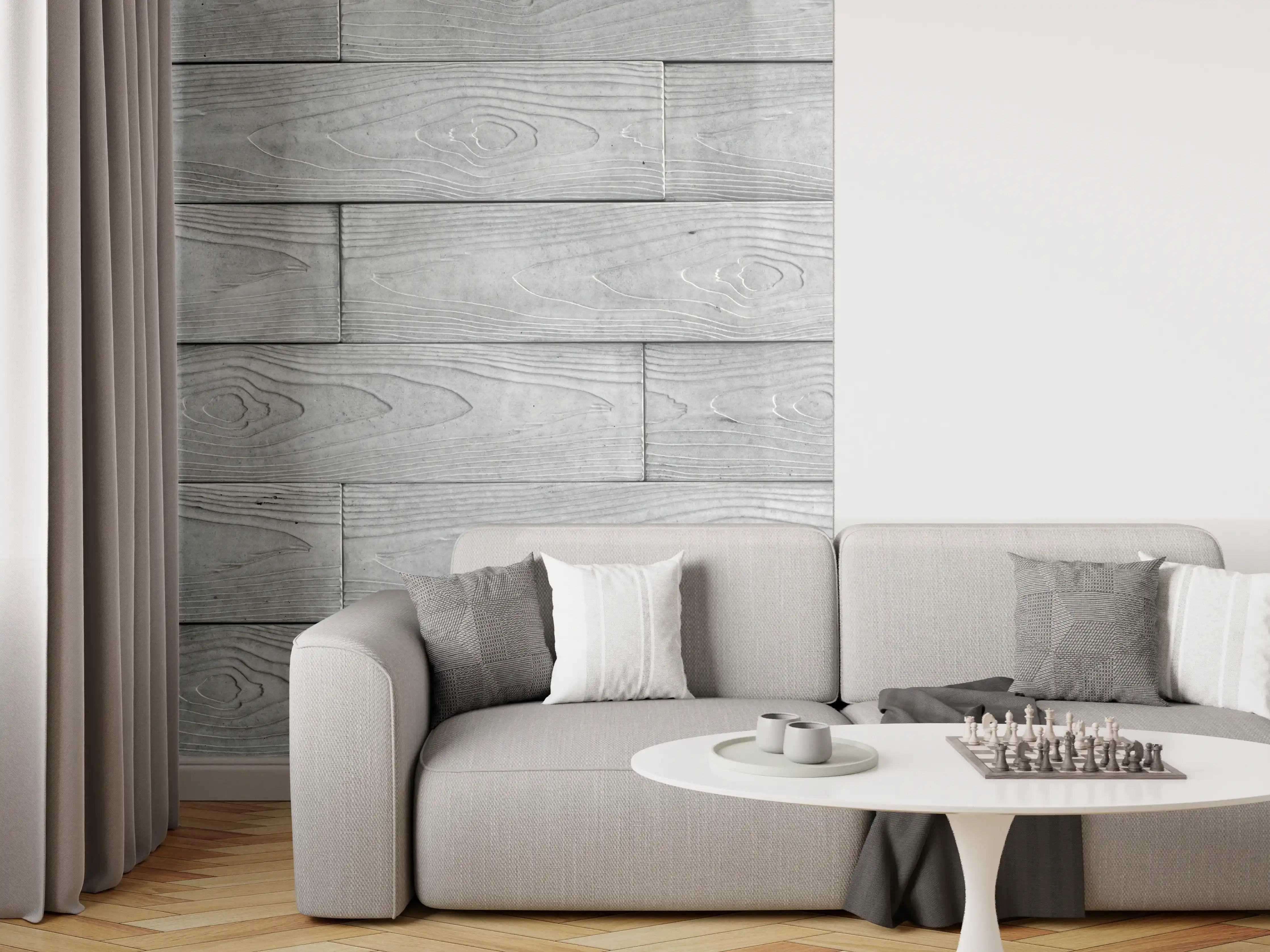 Wandverkleidung Wohnzimmer - Helle, moderne Holzwand in Grau