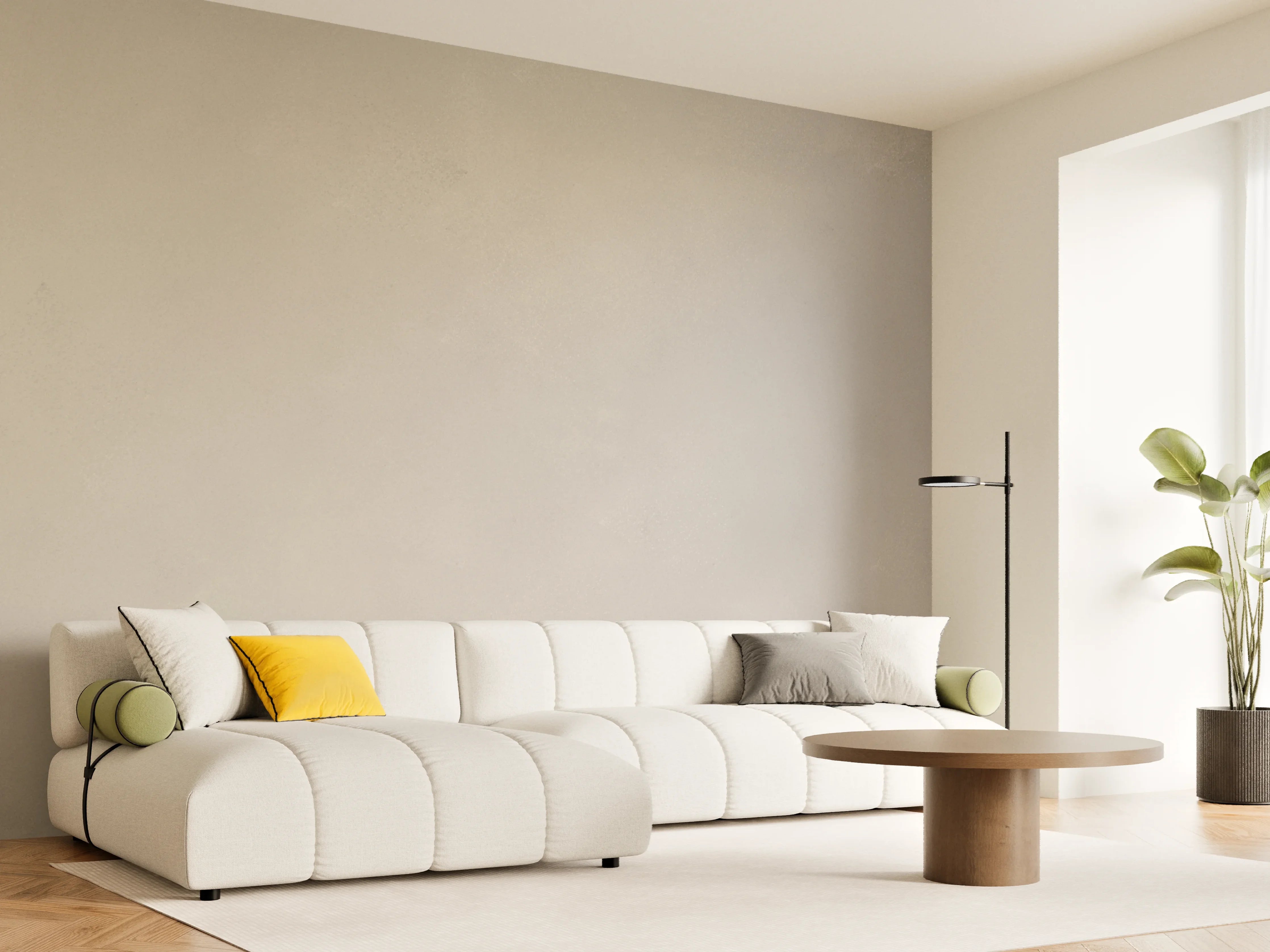 Wandverkleidung Wohnzimmer - Helle, neutrale Wandfarbe