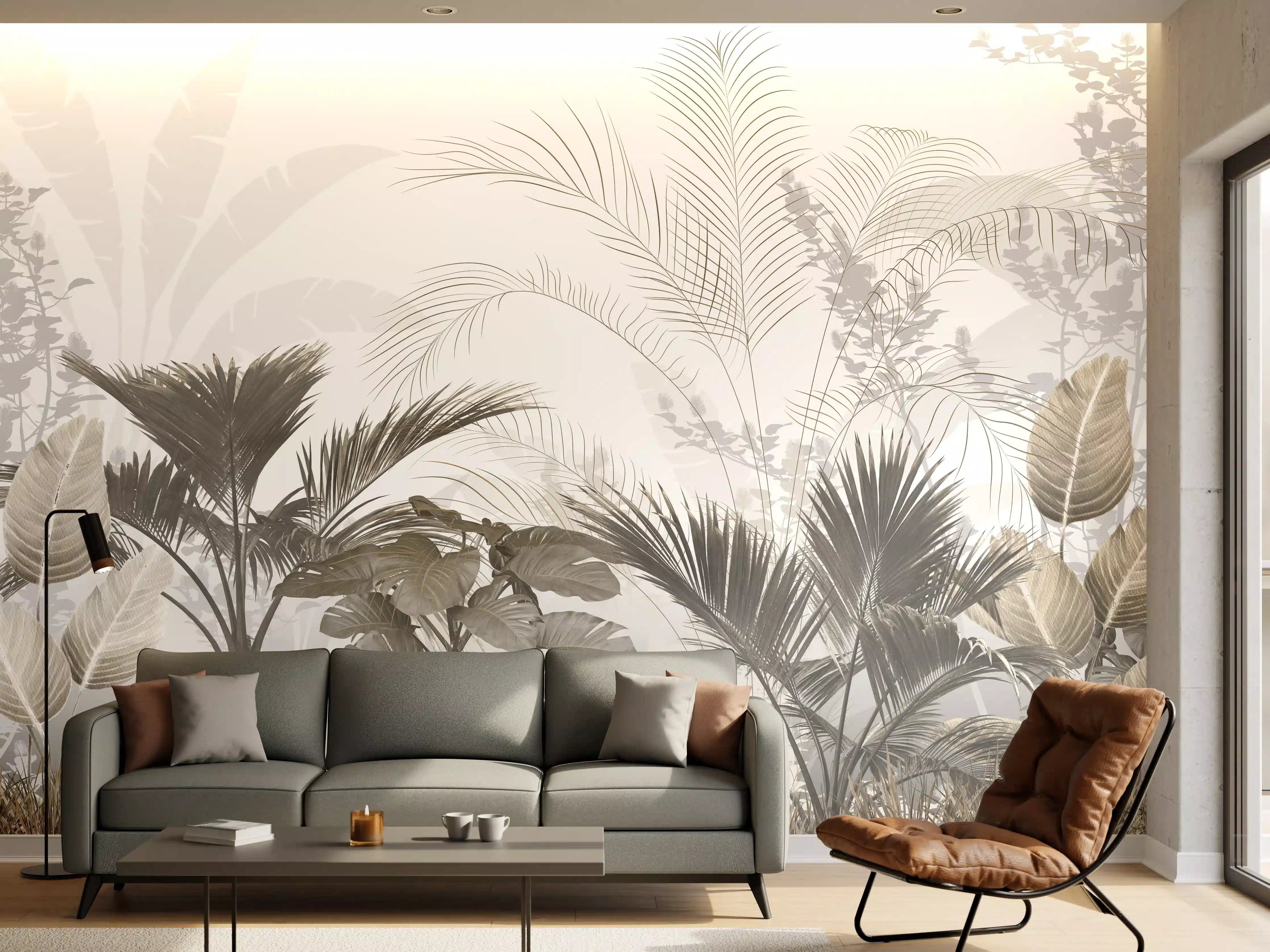 Wandverkleidung Wohnzimmer - Helle, sanfte Pflanzenwelt im Neutralen Farbton