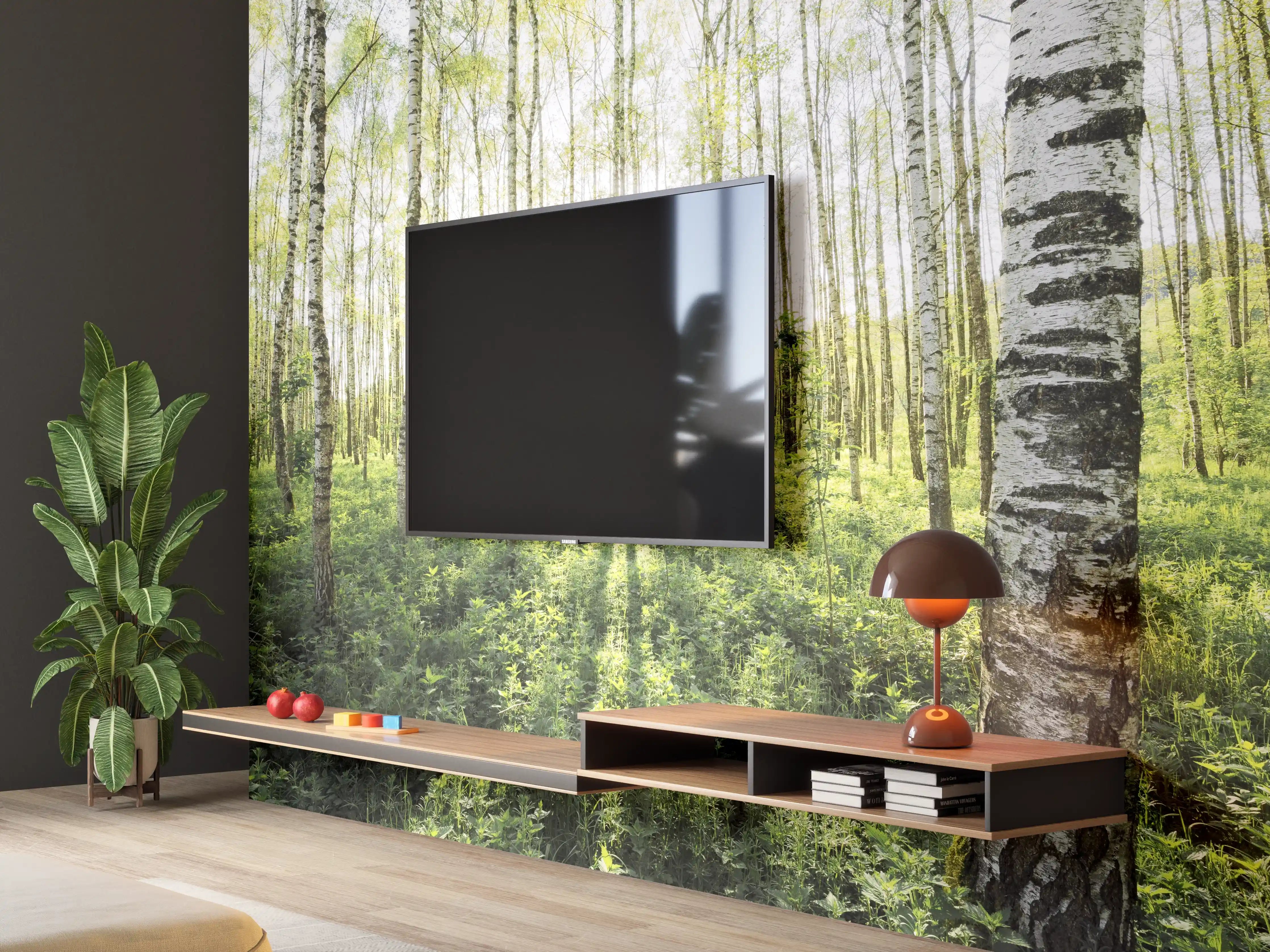 Wandverkleidung Wohnzimmer - Heller Birkenwald im Frühling
