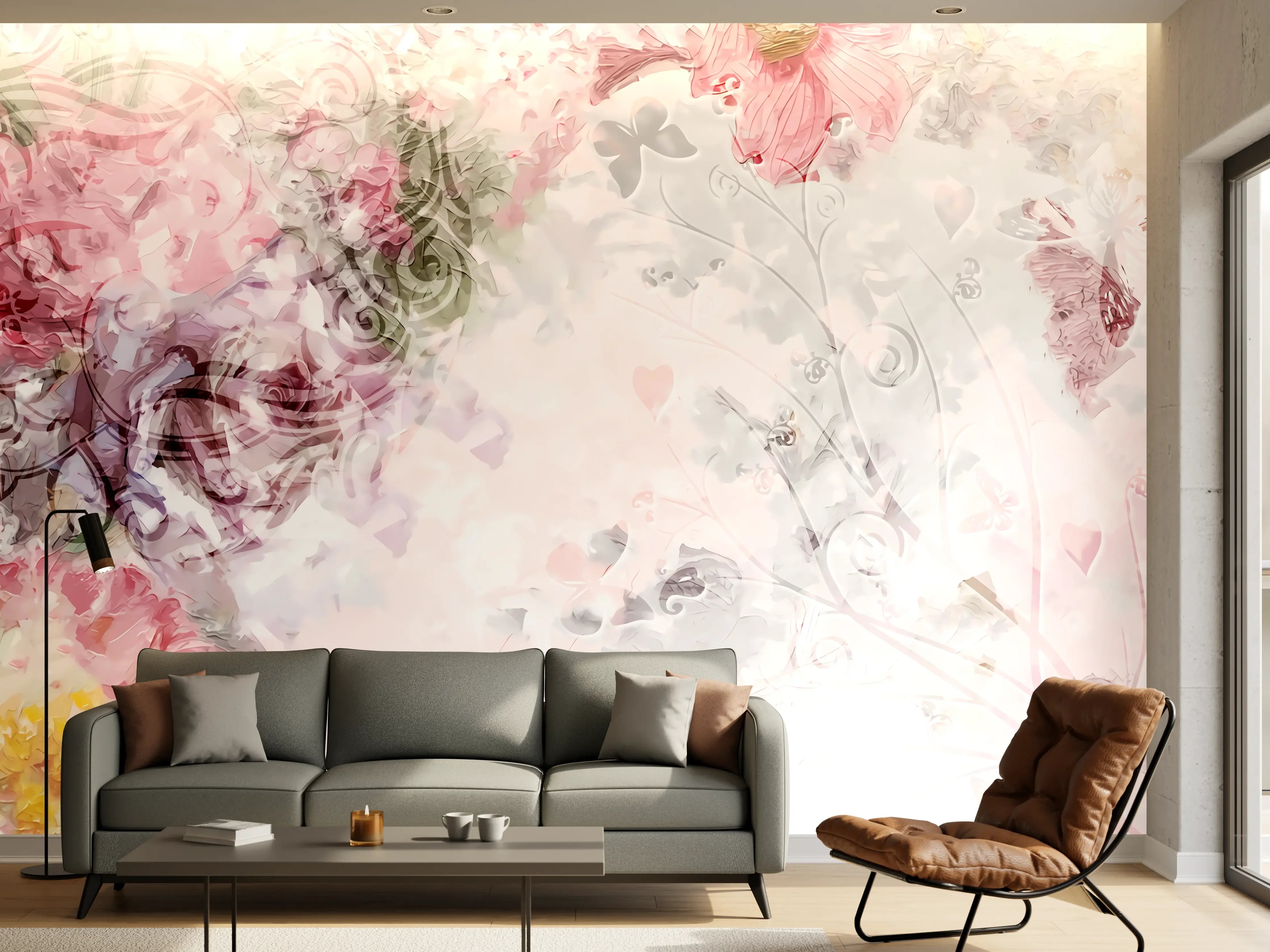 Wandverkleidung Wohnzimmer - Heller Blumengarten in Pastellfarben