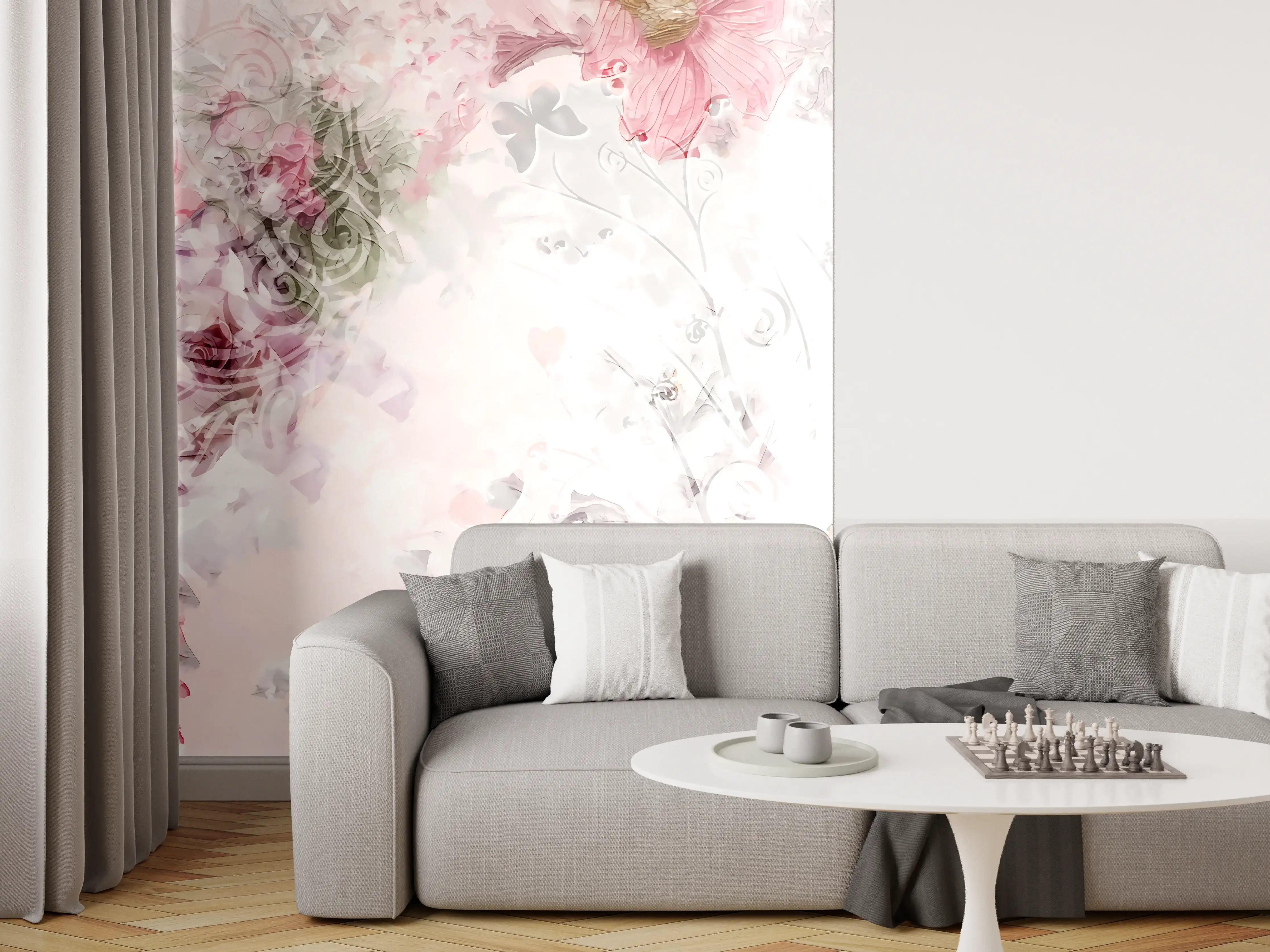 Wandverkleidung Wohnzimmer - Heller Blumengarten in Pastellfarben