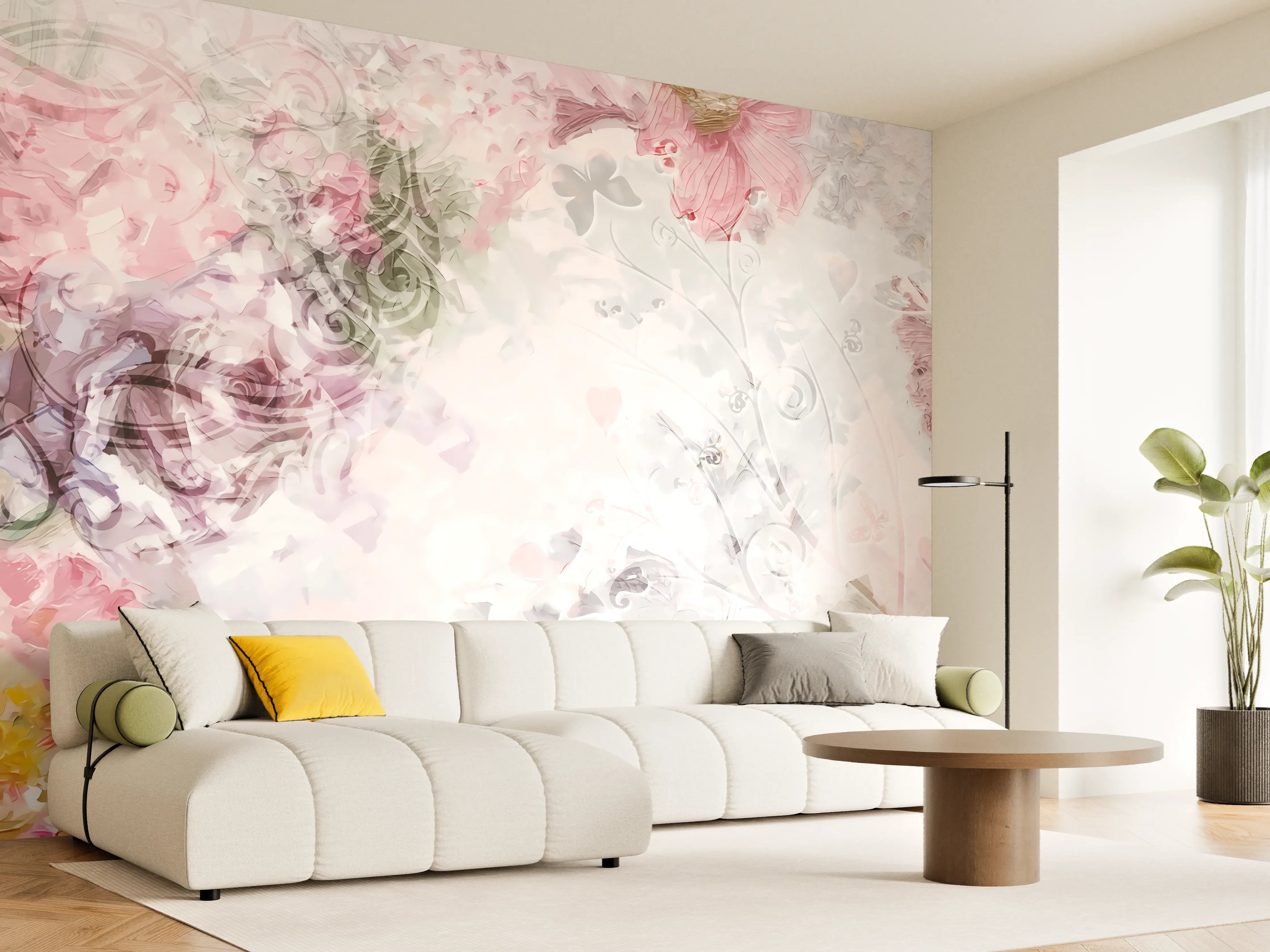 Wandverkleidung Wohnzimmer - Heller Blumengarten in Pastellfarben
