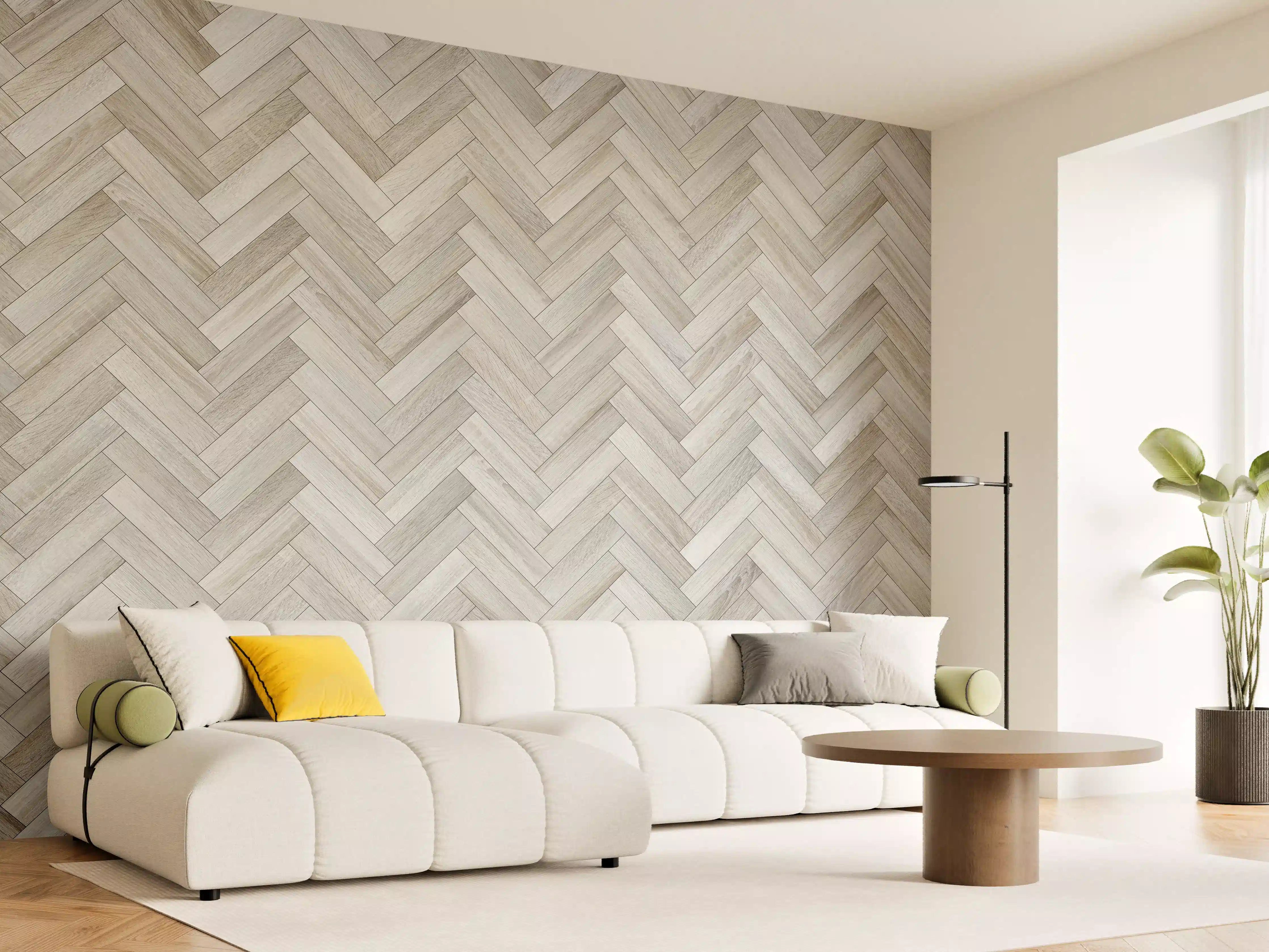 Wandverkleidung Wohnzimmer - Heller Holzboden mit Herringbone-Muster