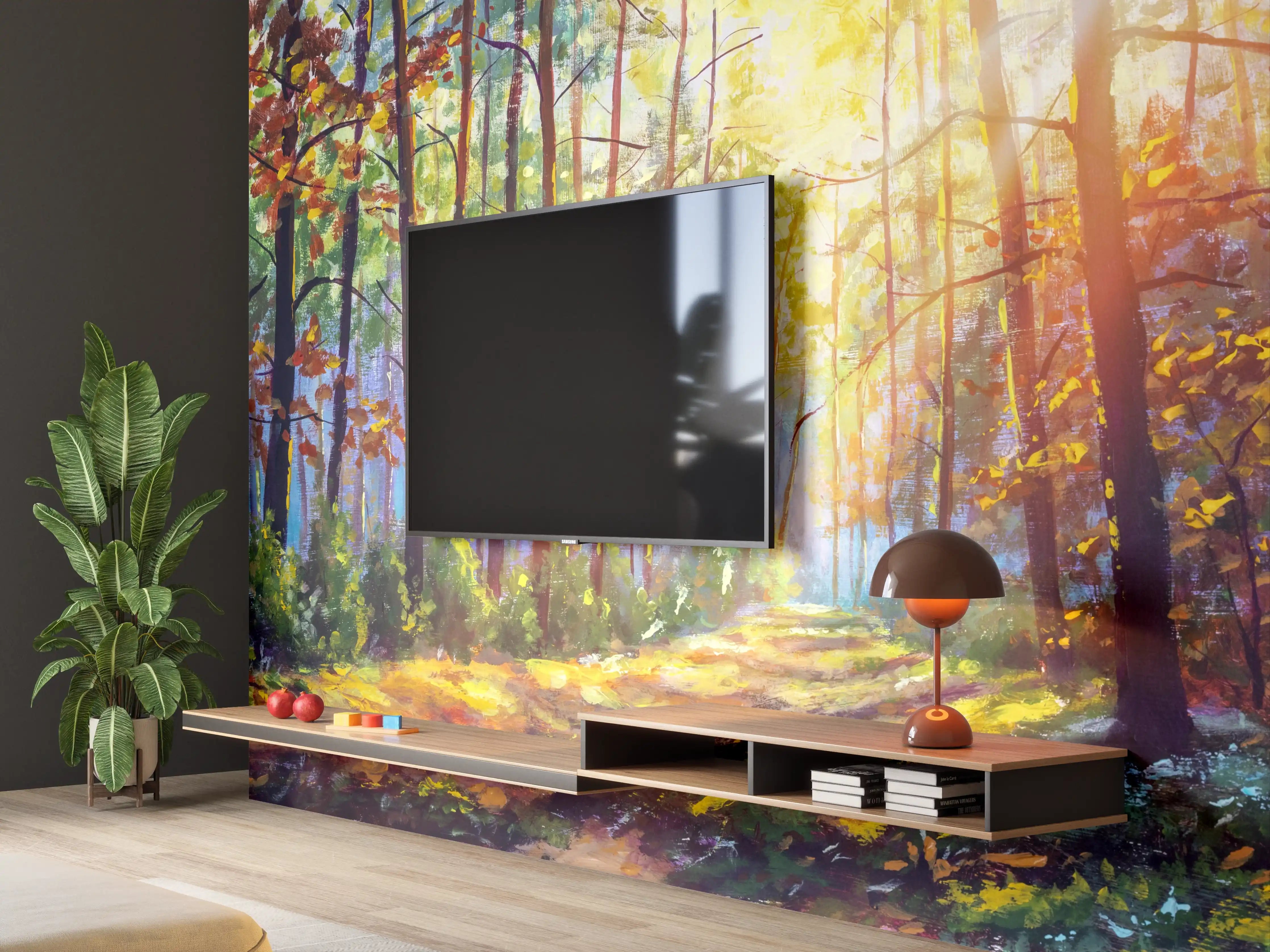 Wandverkleidung Wohnzimmer - Heller Waldpfad im Sonnenlicht