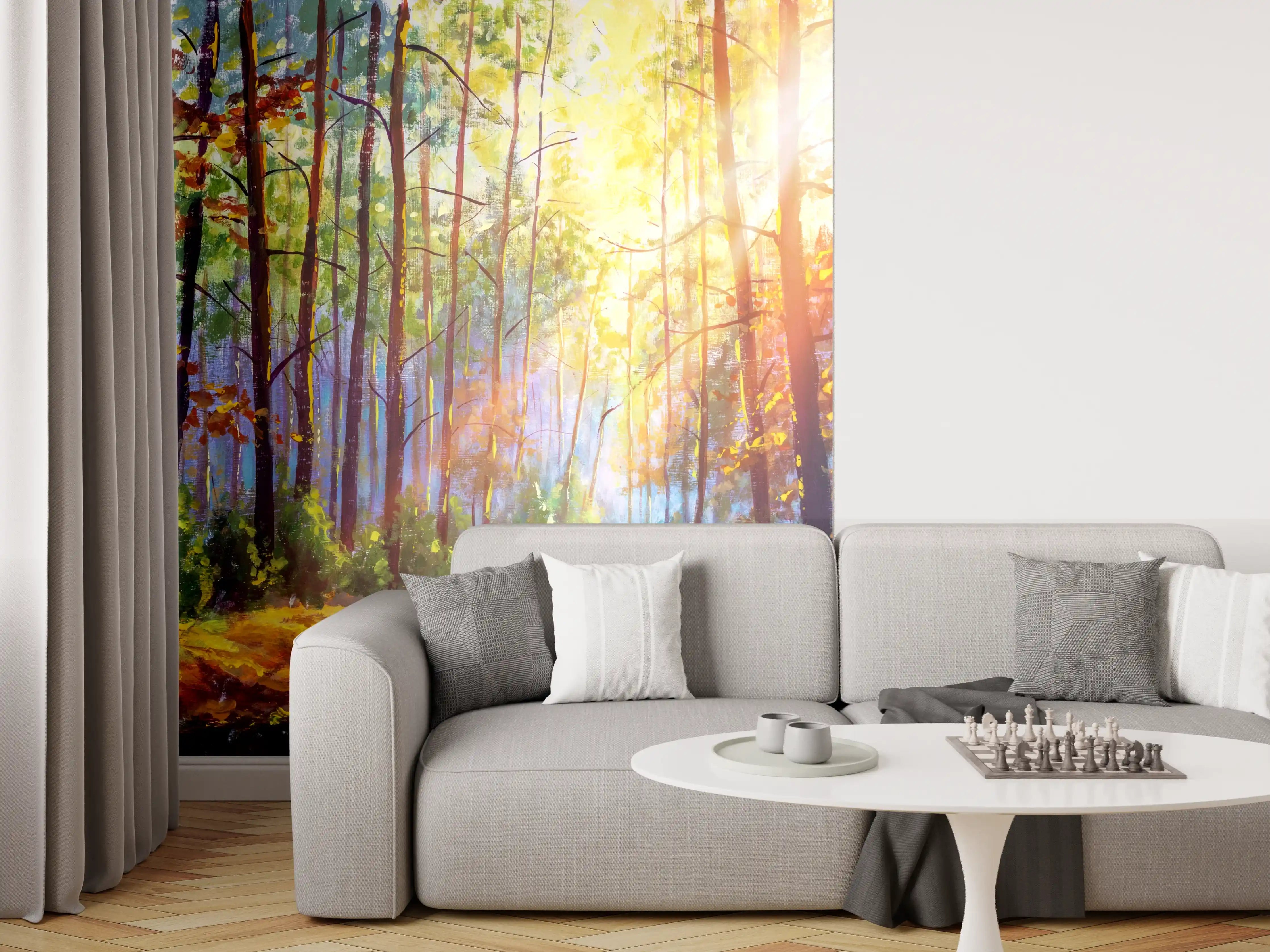 Wandverkleidung Wohnzimmer - Heller Waldpfad im Sonnenlicht