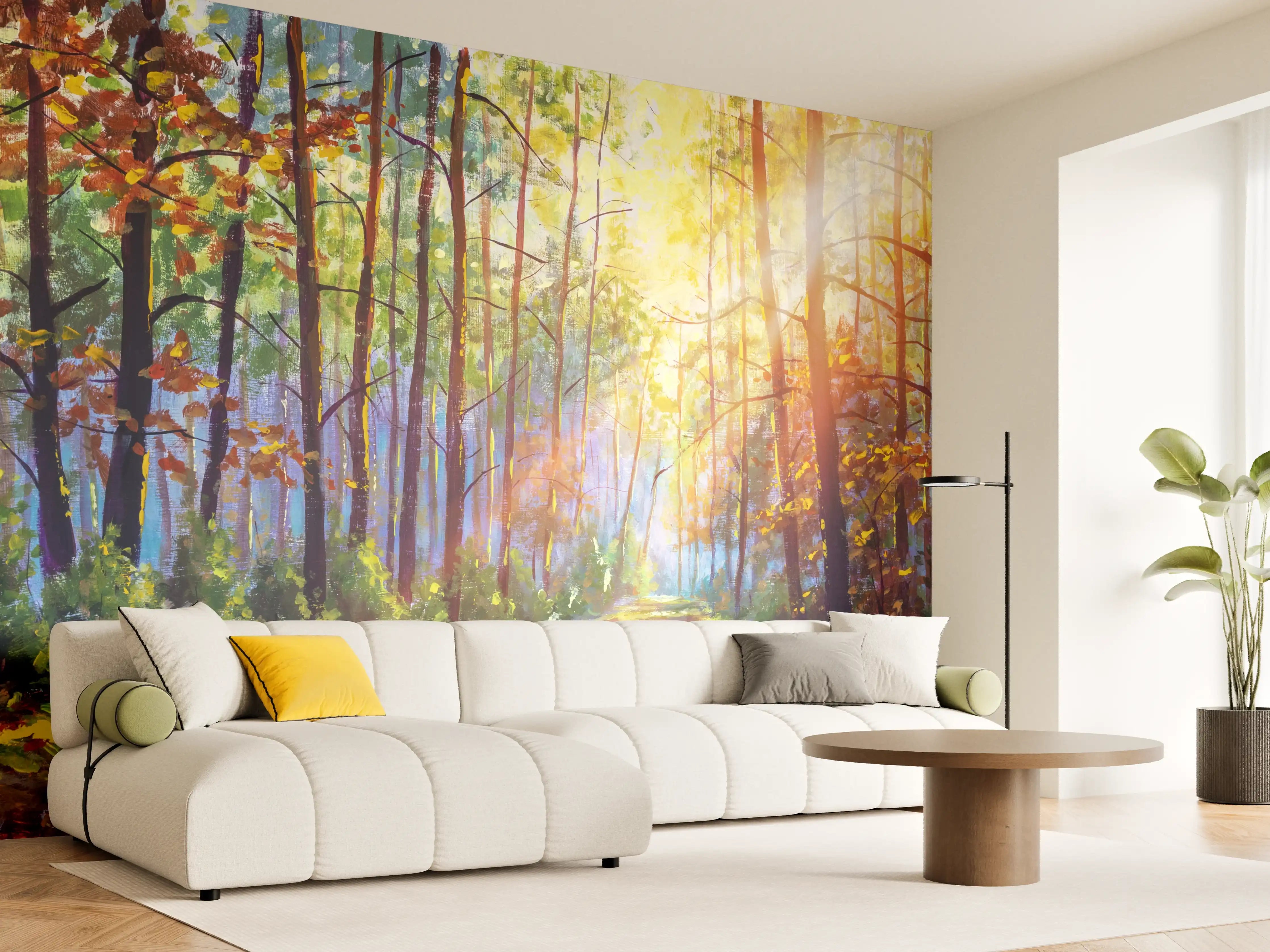 Wandverkleidung Wohnzimmer - Heller Waldpfad im Sonnenlicht