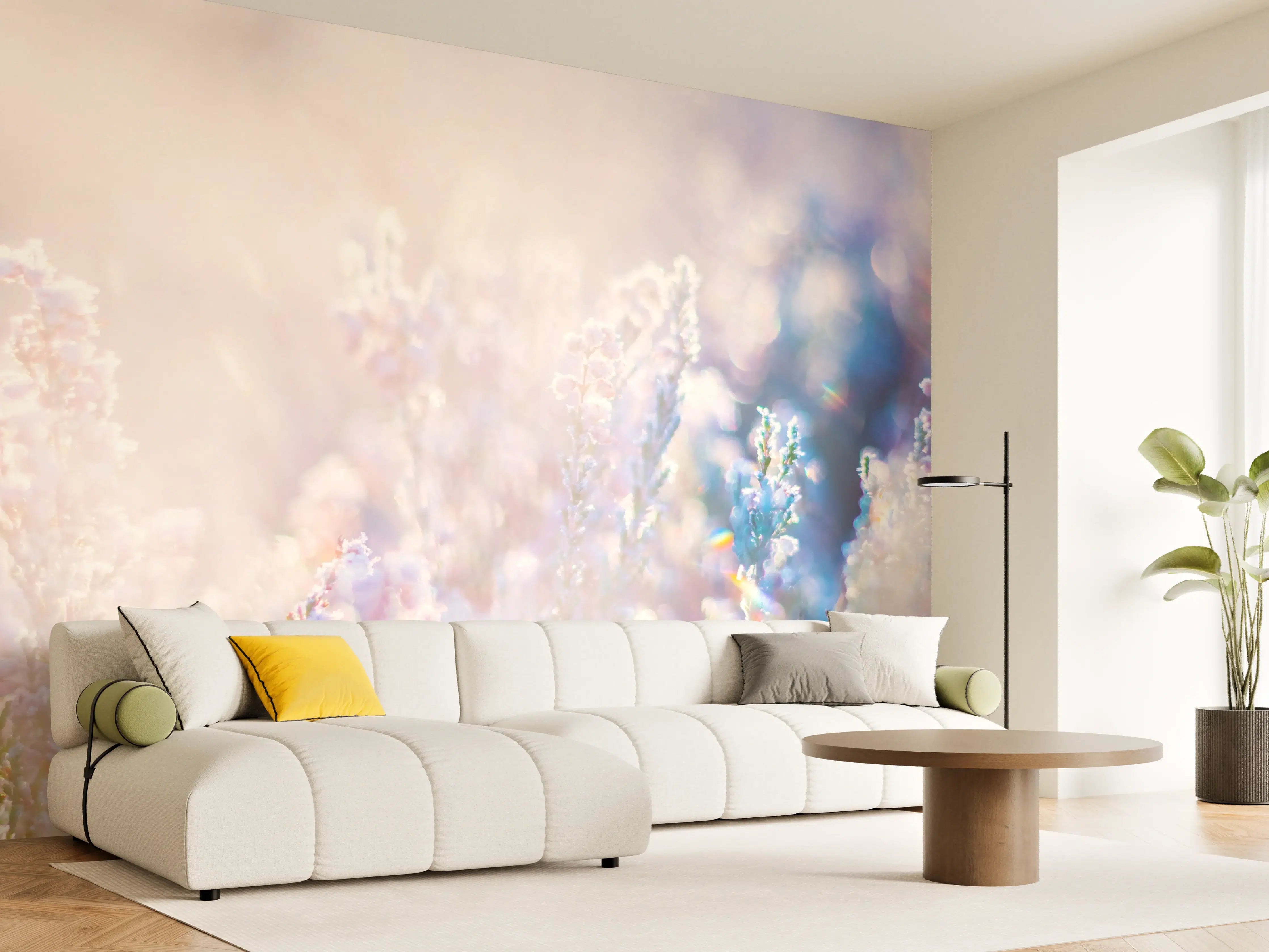 Wandverkleidung Wohnzimmer - Helles Blumenmeer im Sonnenlicht