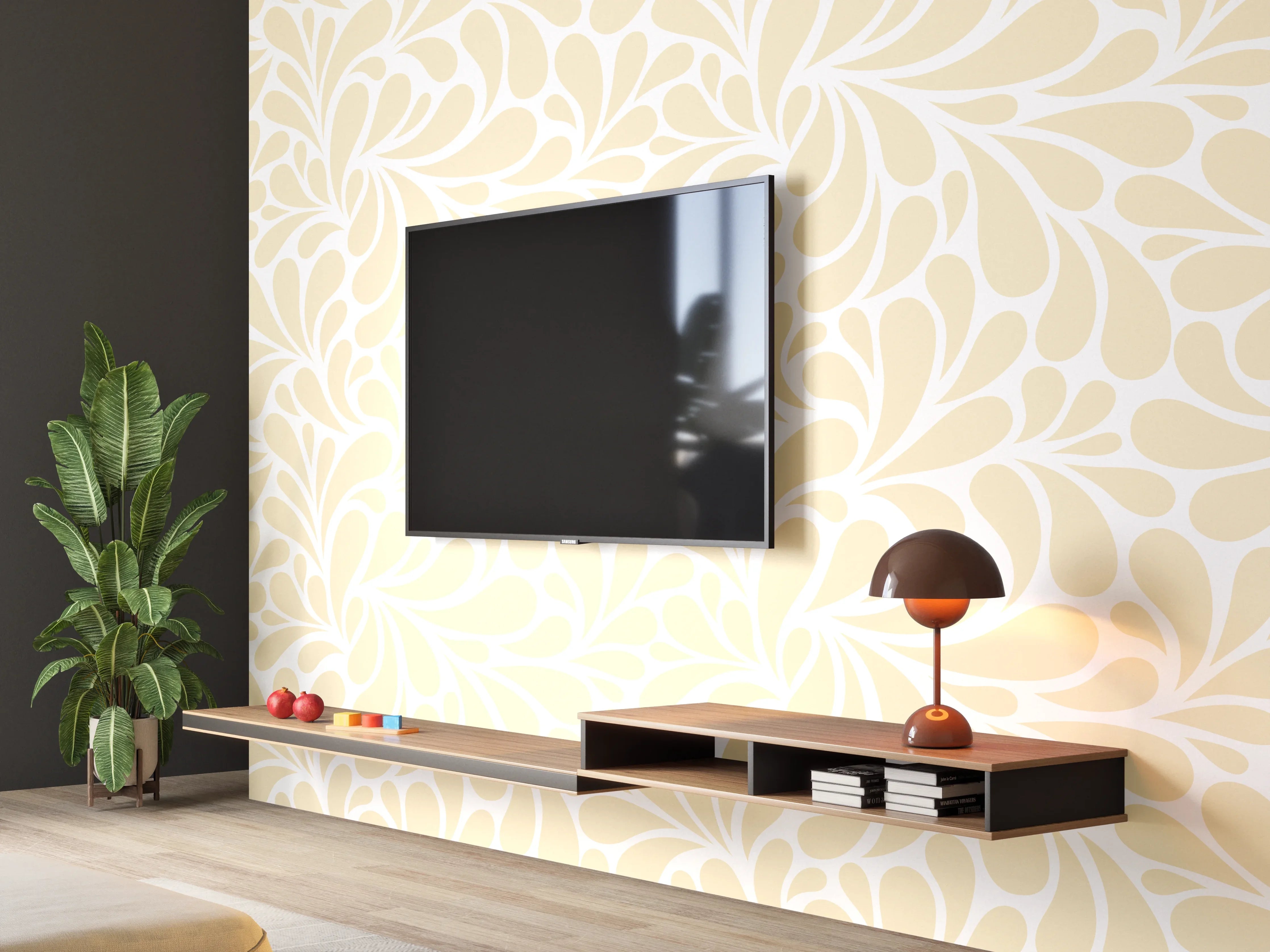Wandverkleidung Wohnzimmer - Helles Blumenmuster in Beige