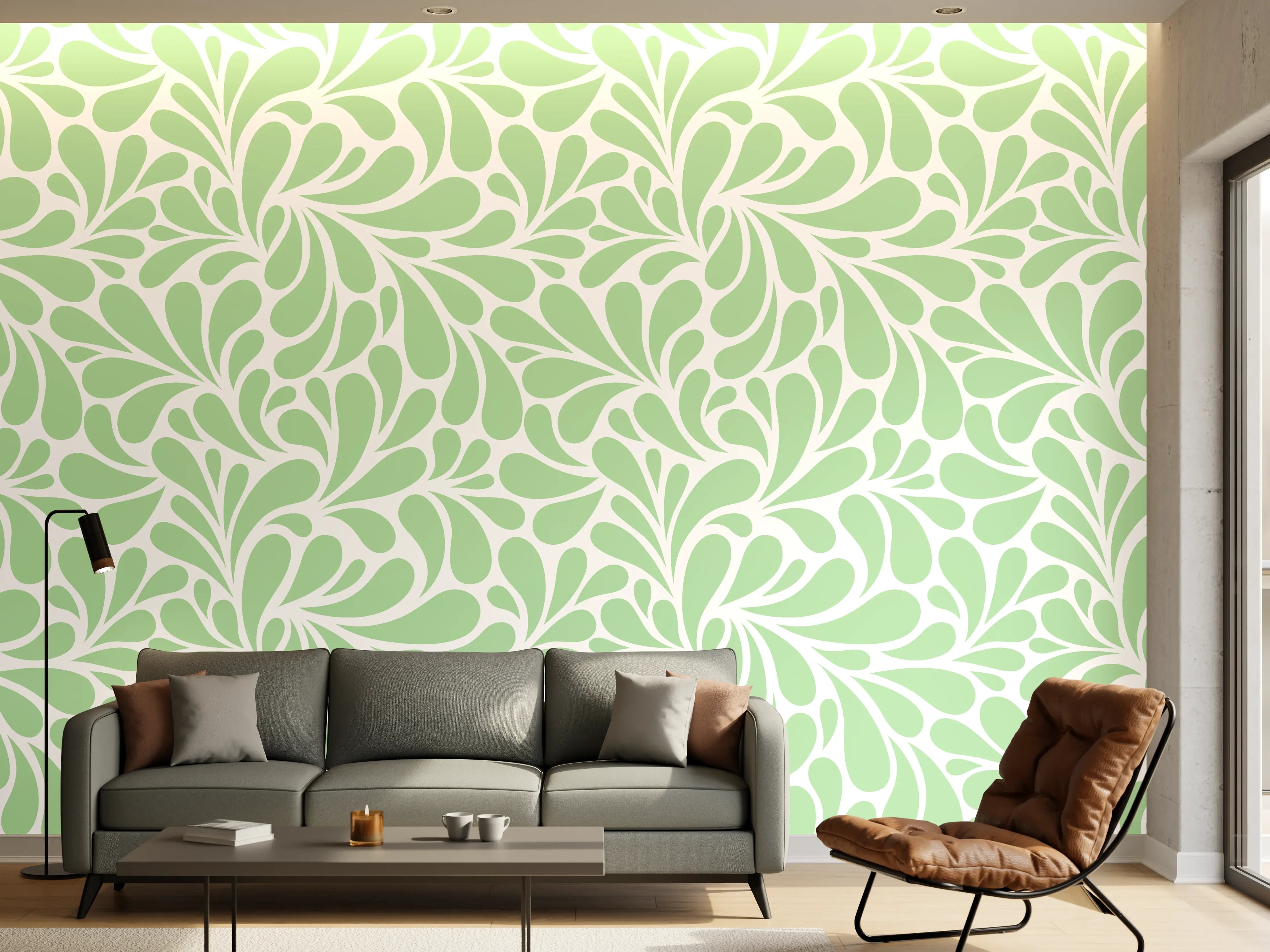 Wandverkleidung Wohnzimmer - Helles Blumenmuster in Pastellgrün