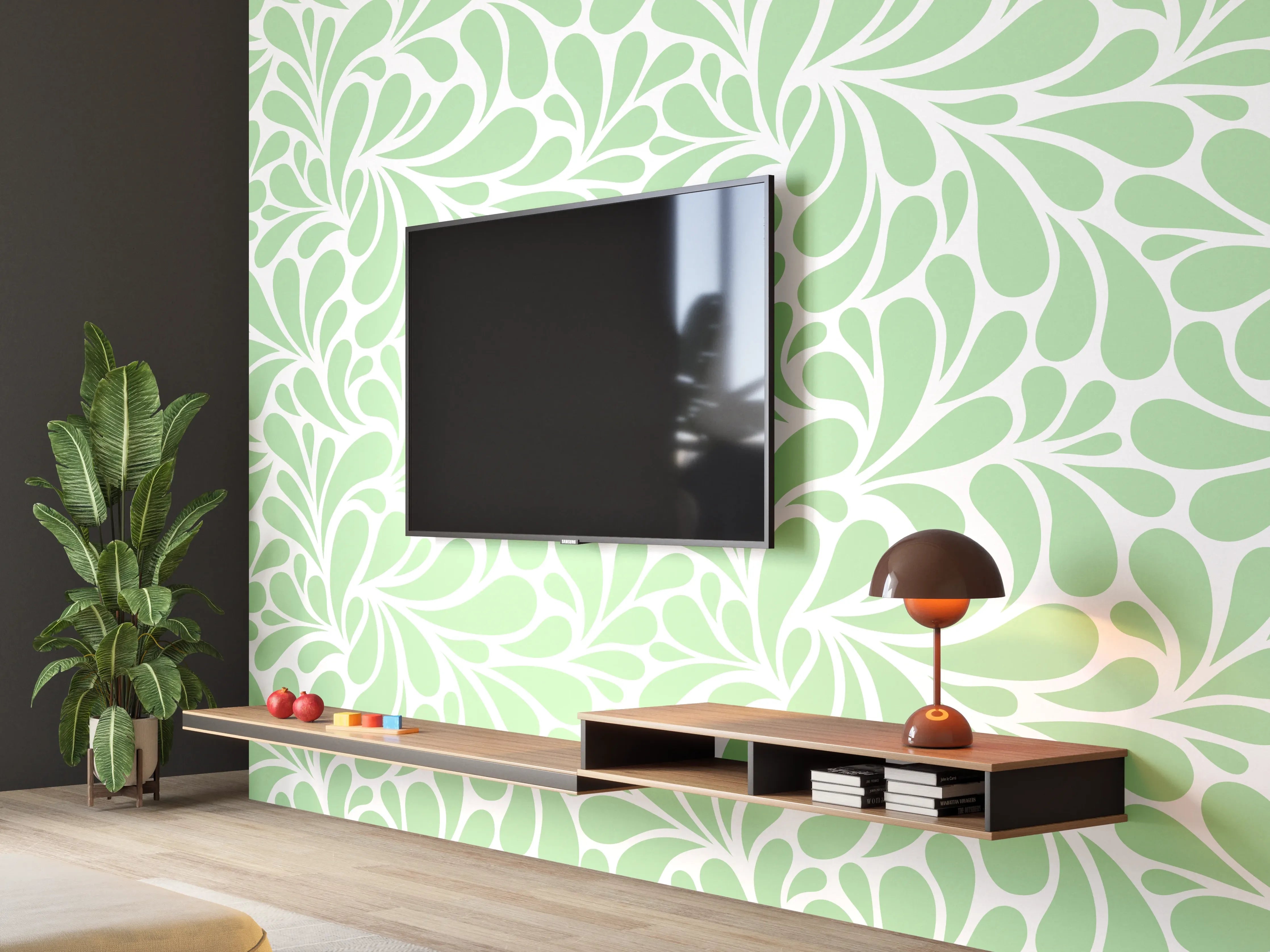 Wandverkleidung Wohnzimmer - Helles Blumenmuster in Pastellgrün