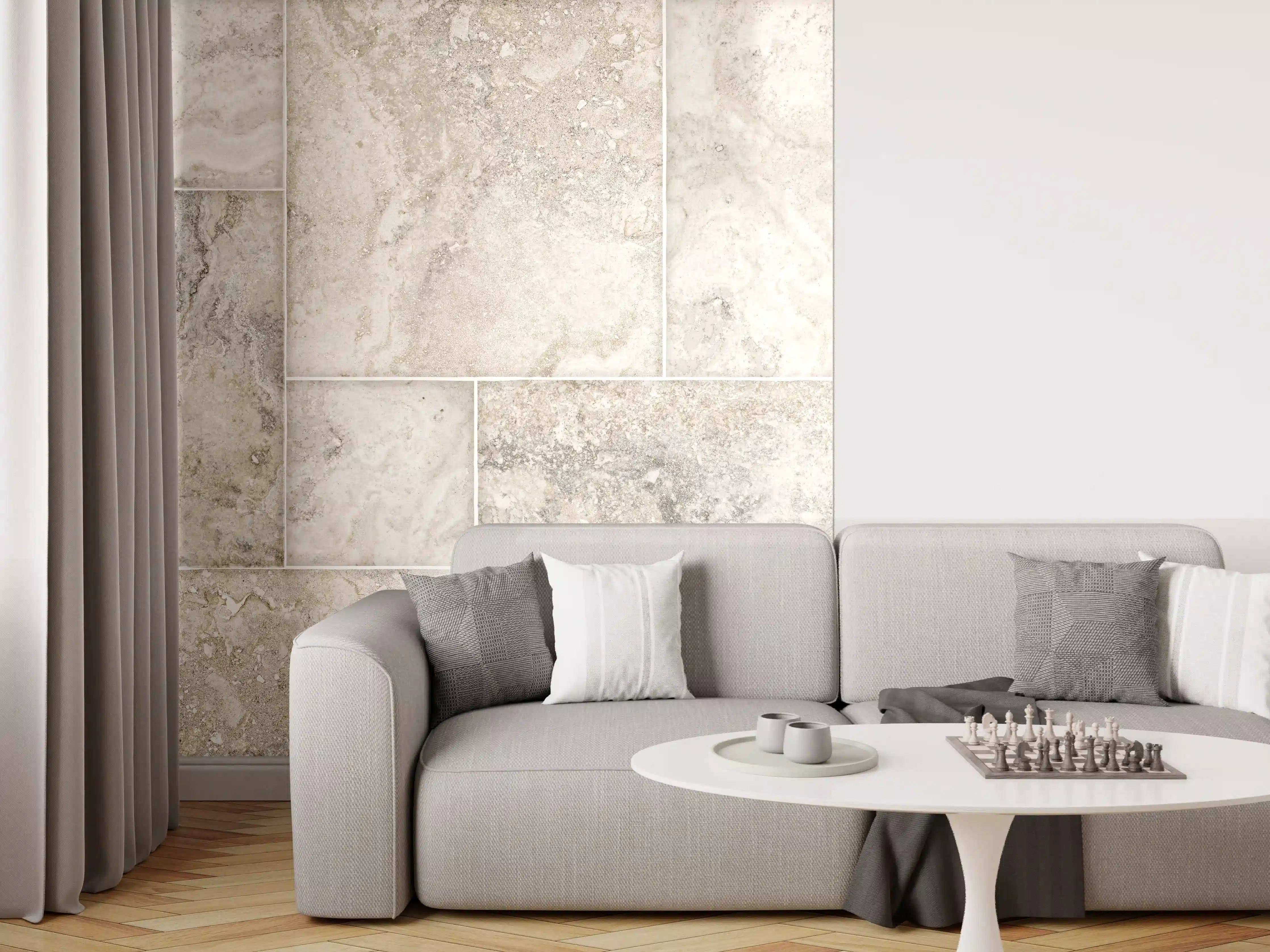 Wandverkleidung Wohnzimmer - Helles Fliesenmuster - Marmor