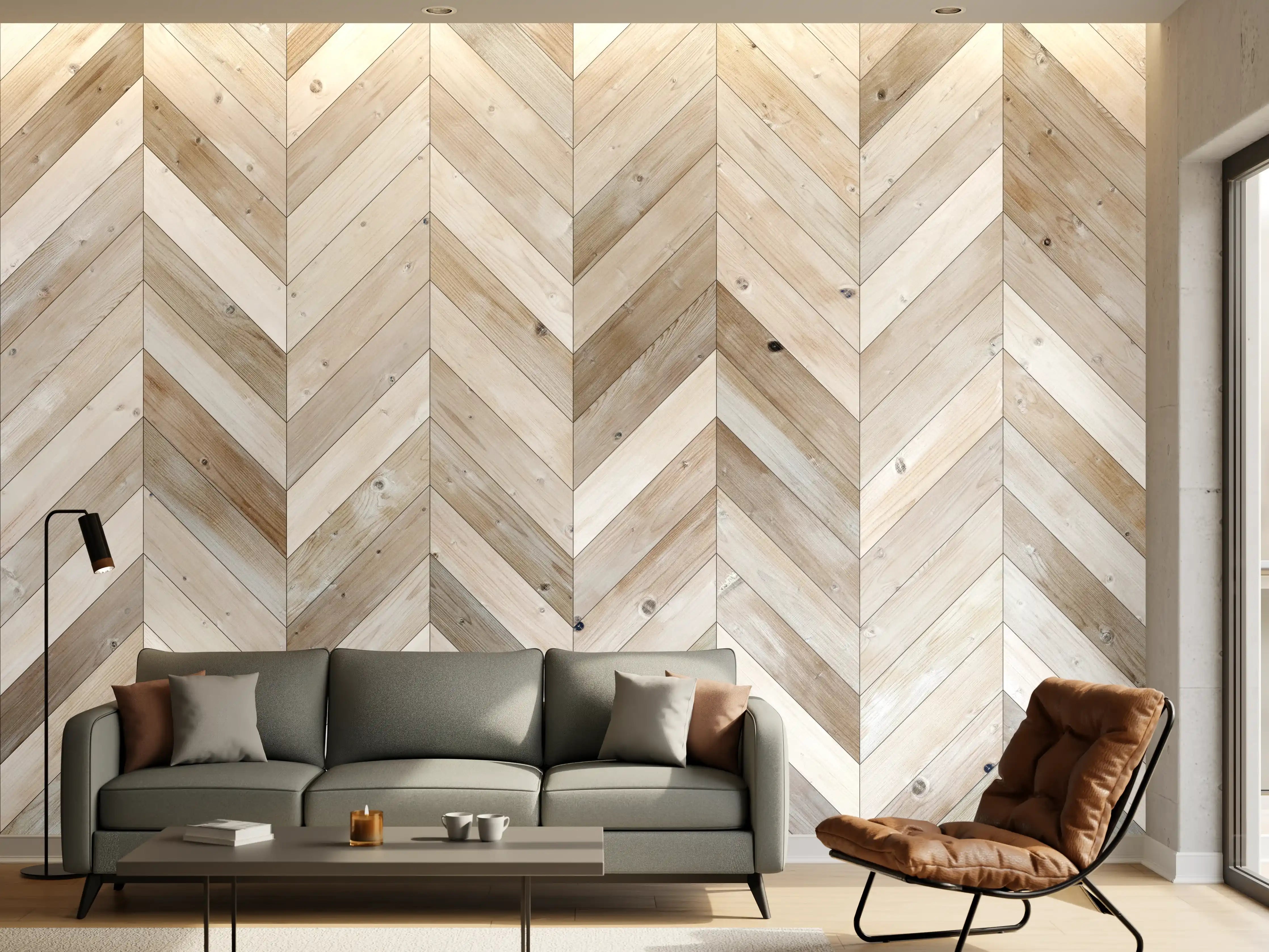 Wandverkleidung Wohnzimmer - Helles Holzparkett mit attraktigem Muster