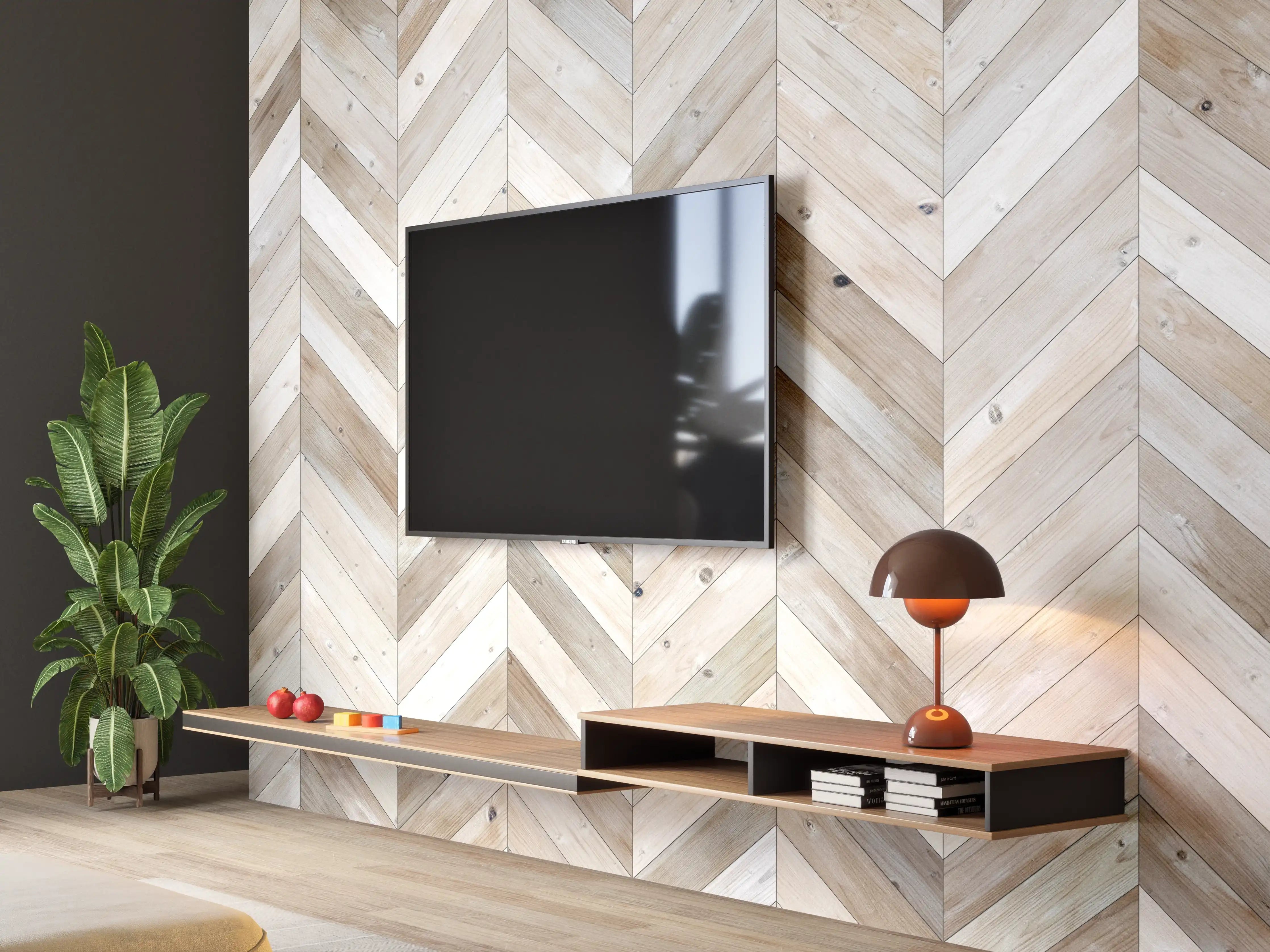 Wandverkleidung Wohnzimmer - Helles Holzparkett mit attraktigem Muster