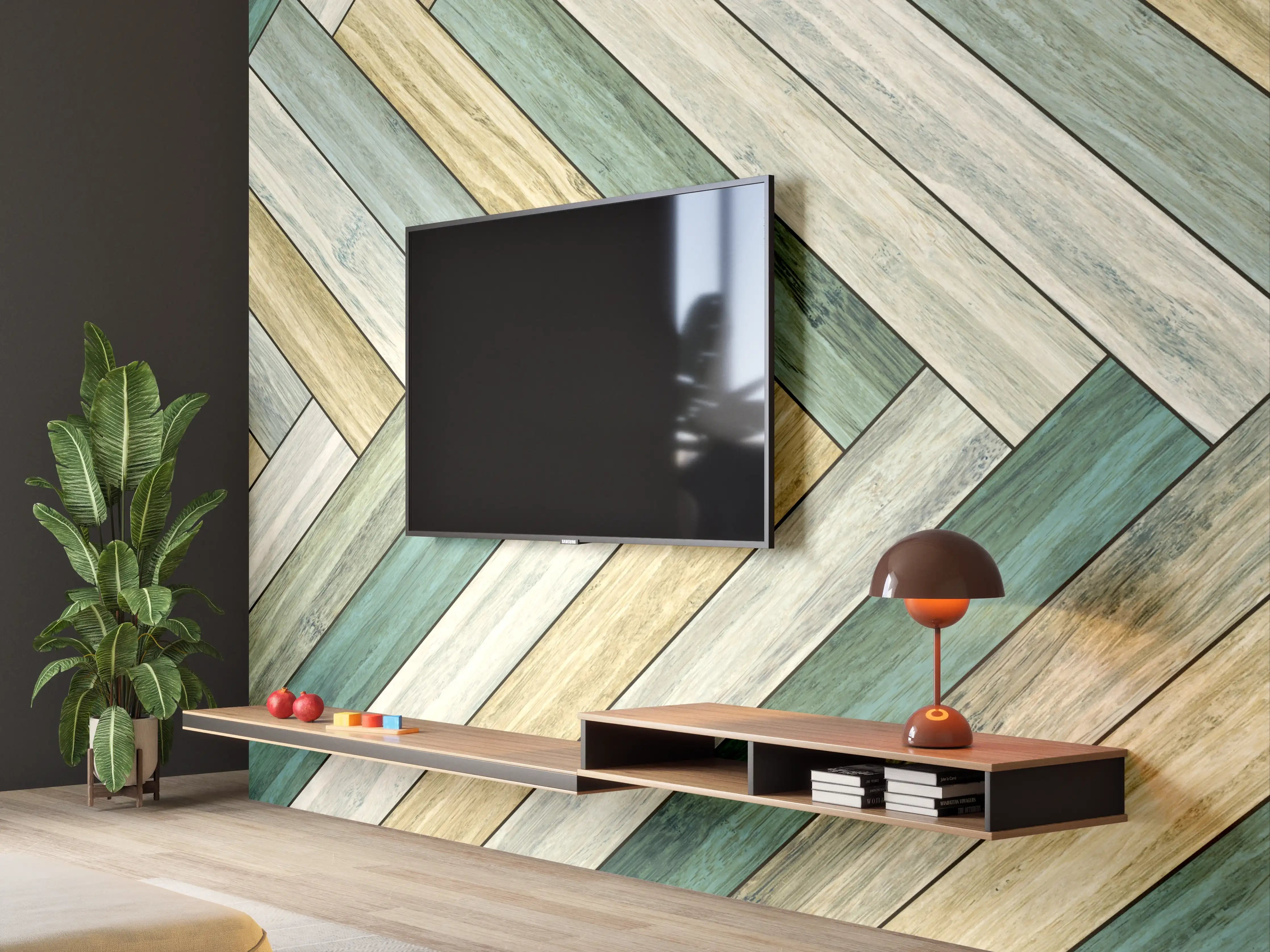 Wandverkleidung Wohnzimmer - Helles Holzparkett mit pastellfarbenen Tönen