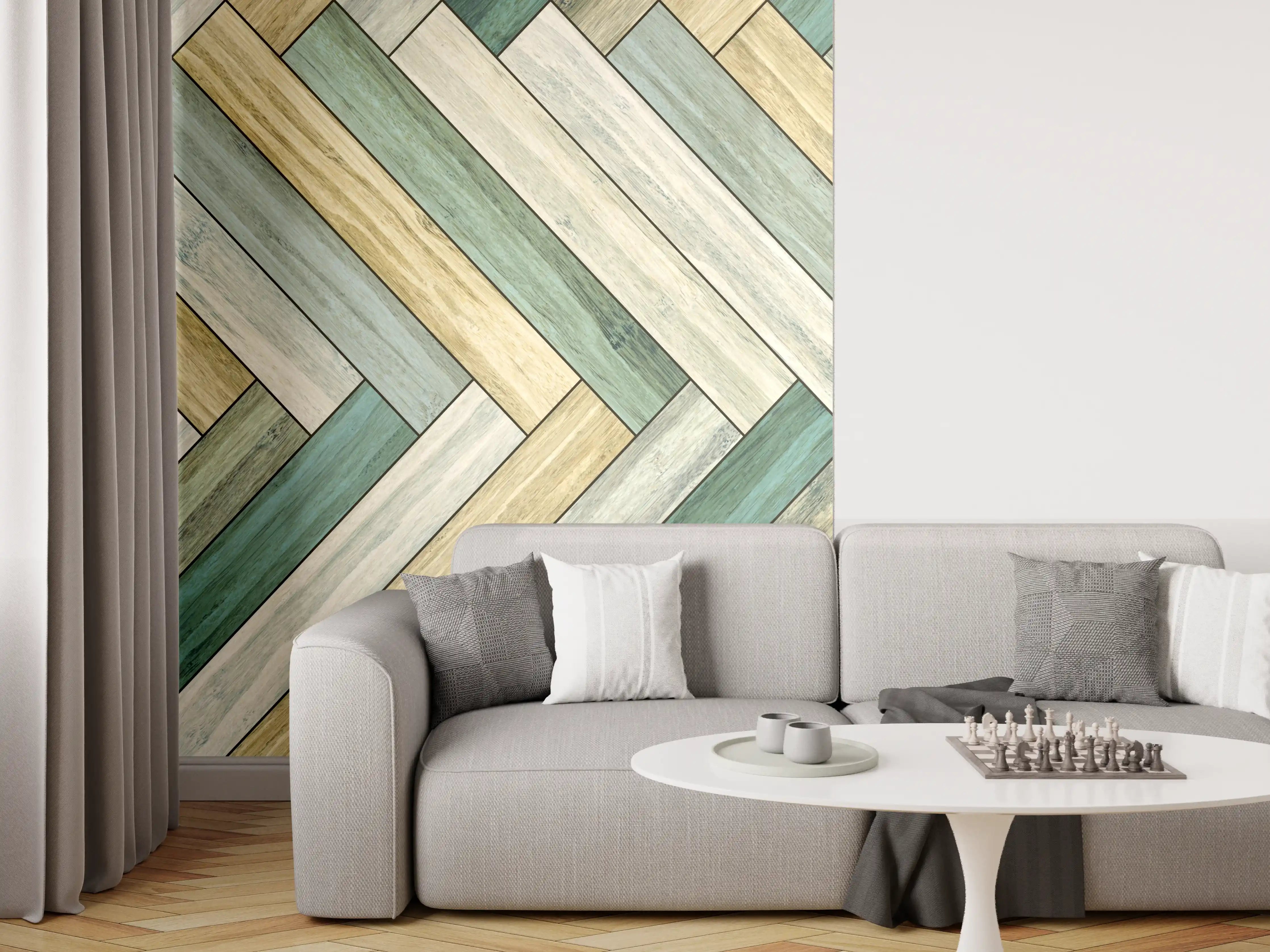 Wandverkleidung Wohnzimmer - Helles Holzparkett mit pastellfarbenen Tönen