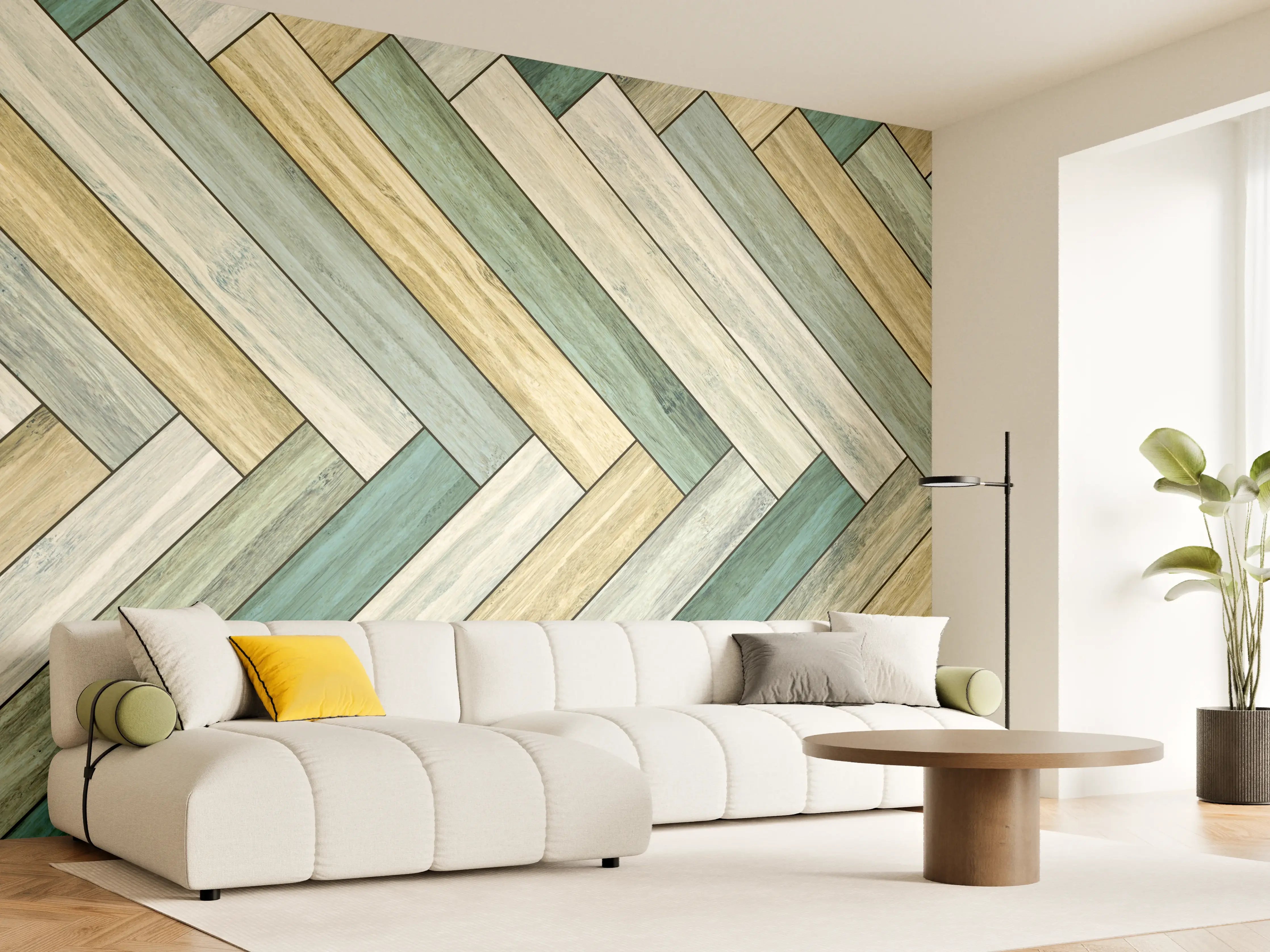 Wandverkleidung Wohnzimmer - Helles Holzparkett mit pastellfarbenen Tönen
