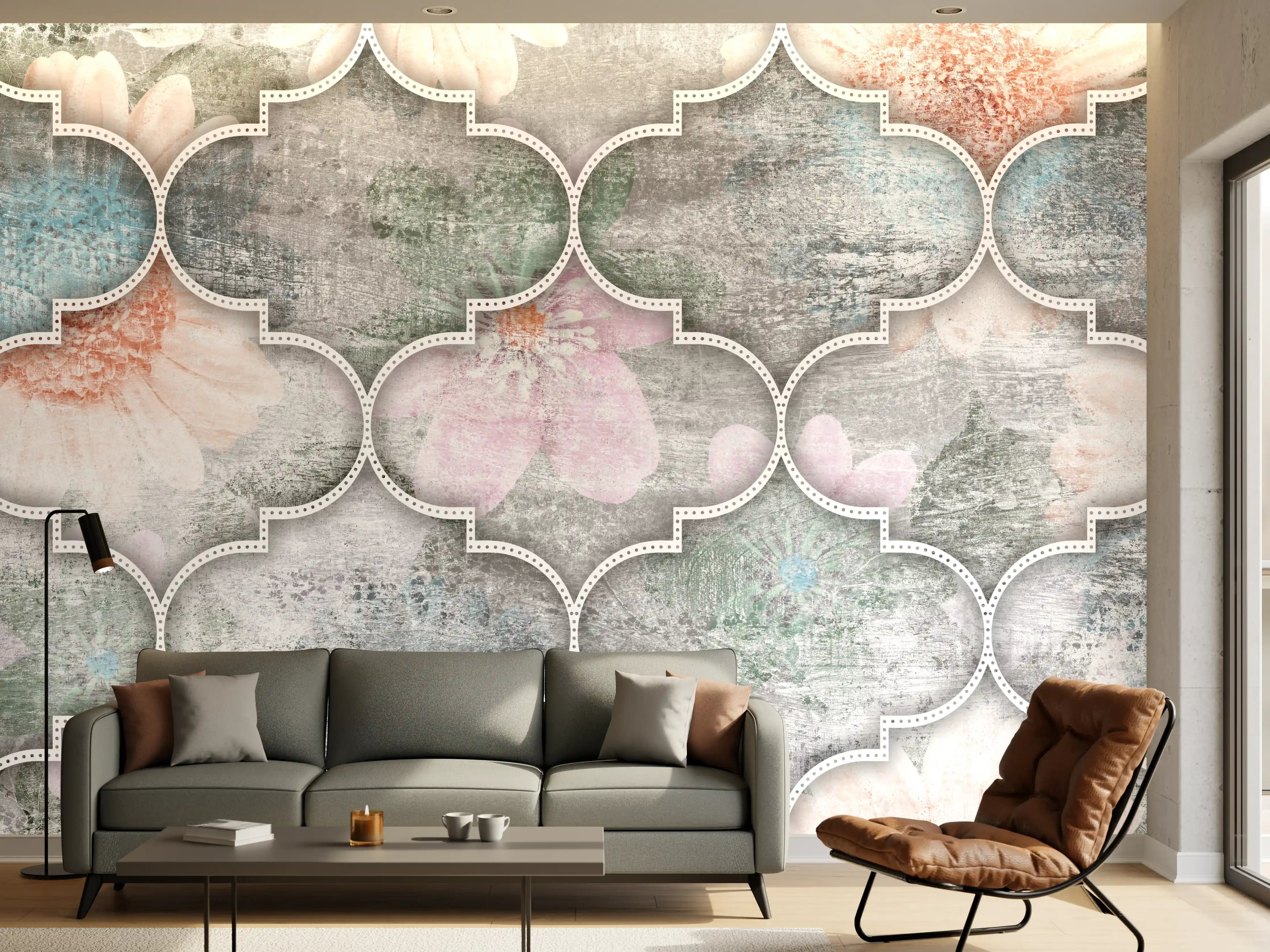 Wandverkleidung Wohnzimmer - Helles Kunstmuster - Floral