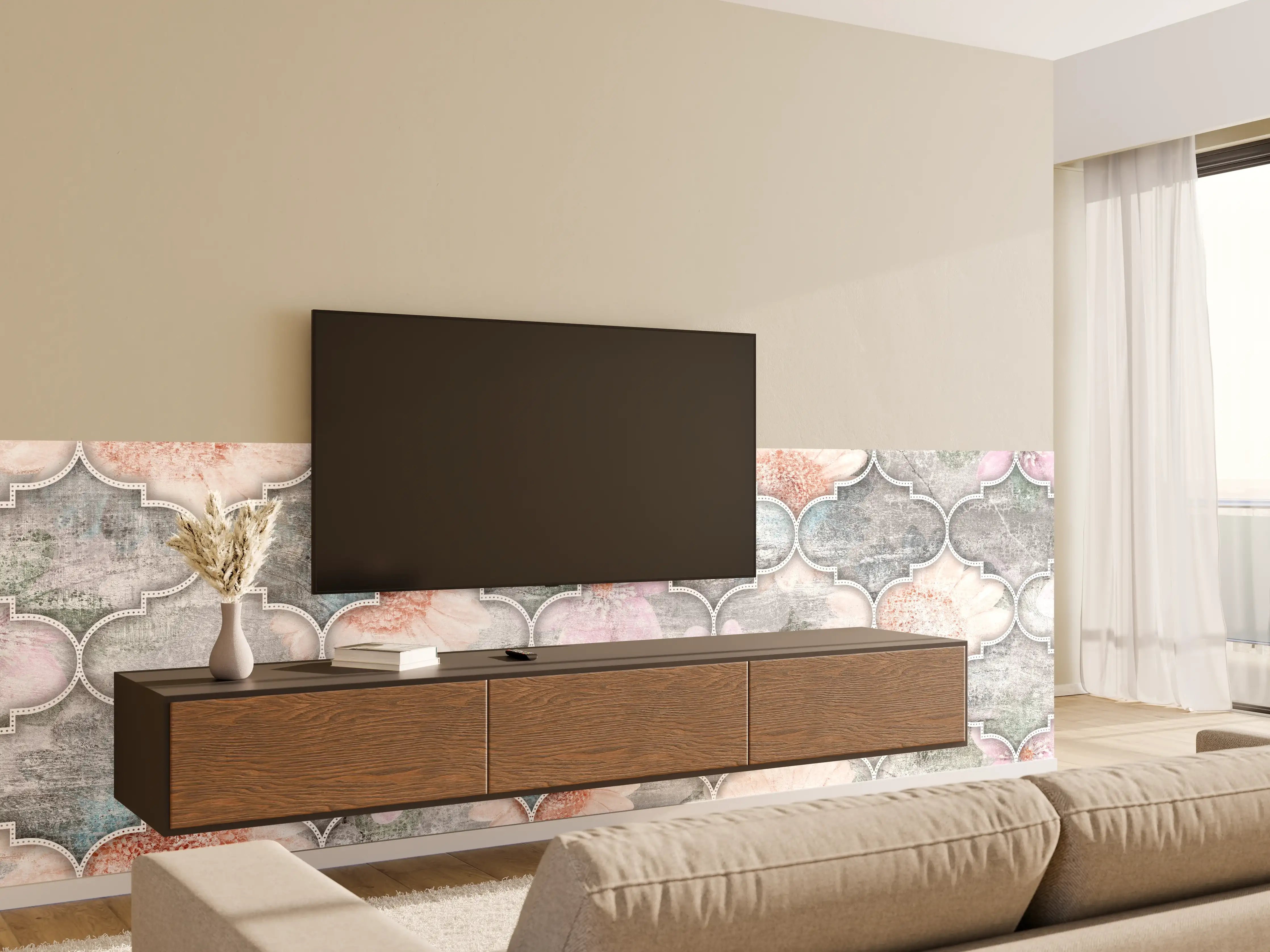 Wandverkleidung Wohnzimmer - Helles Kunstmuster - Floral