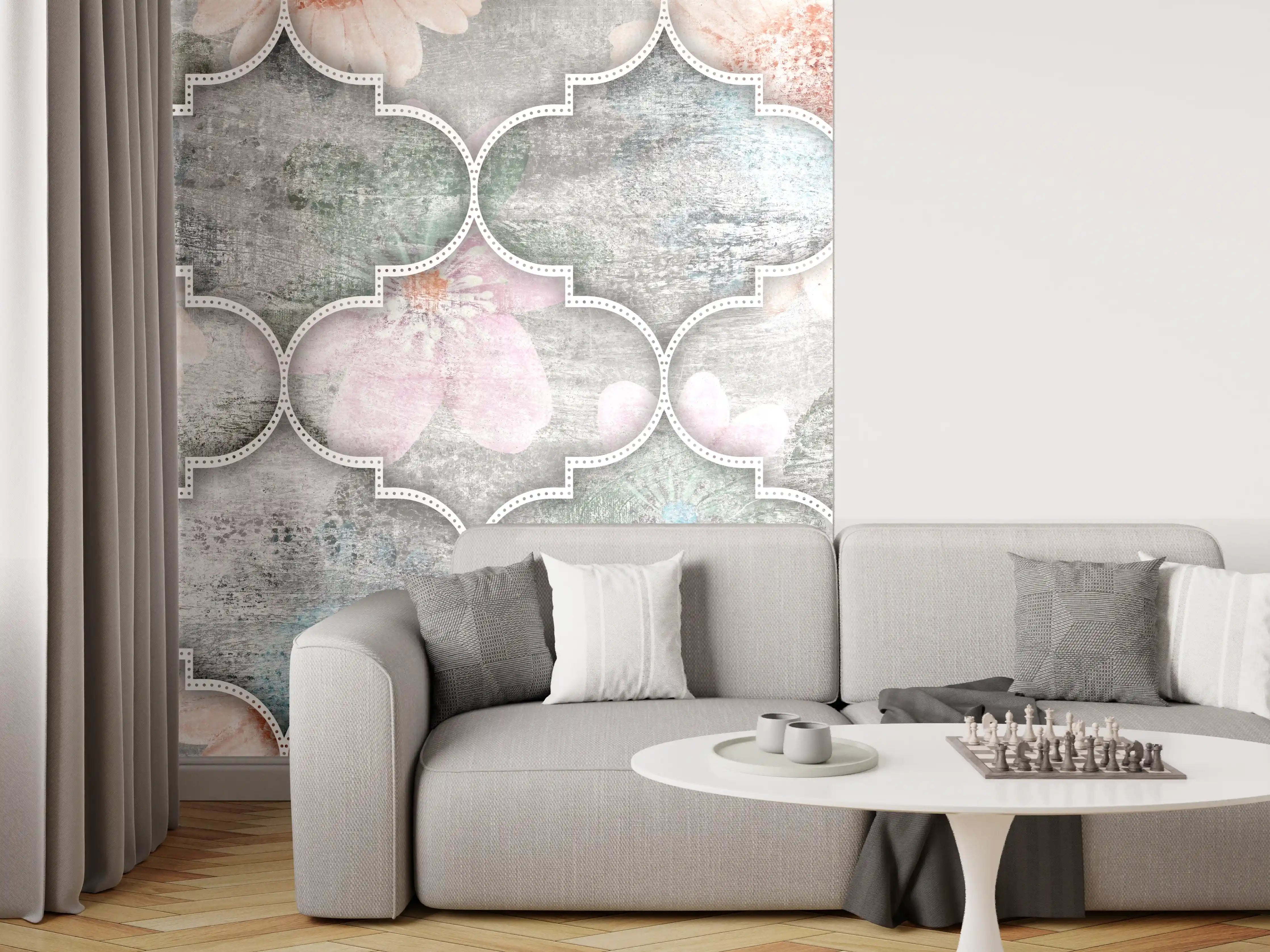 Wandverkleidung Wohnzimmer - Helles Kunstmuster - Floral