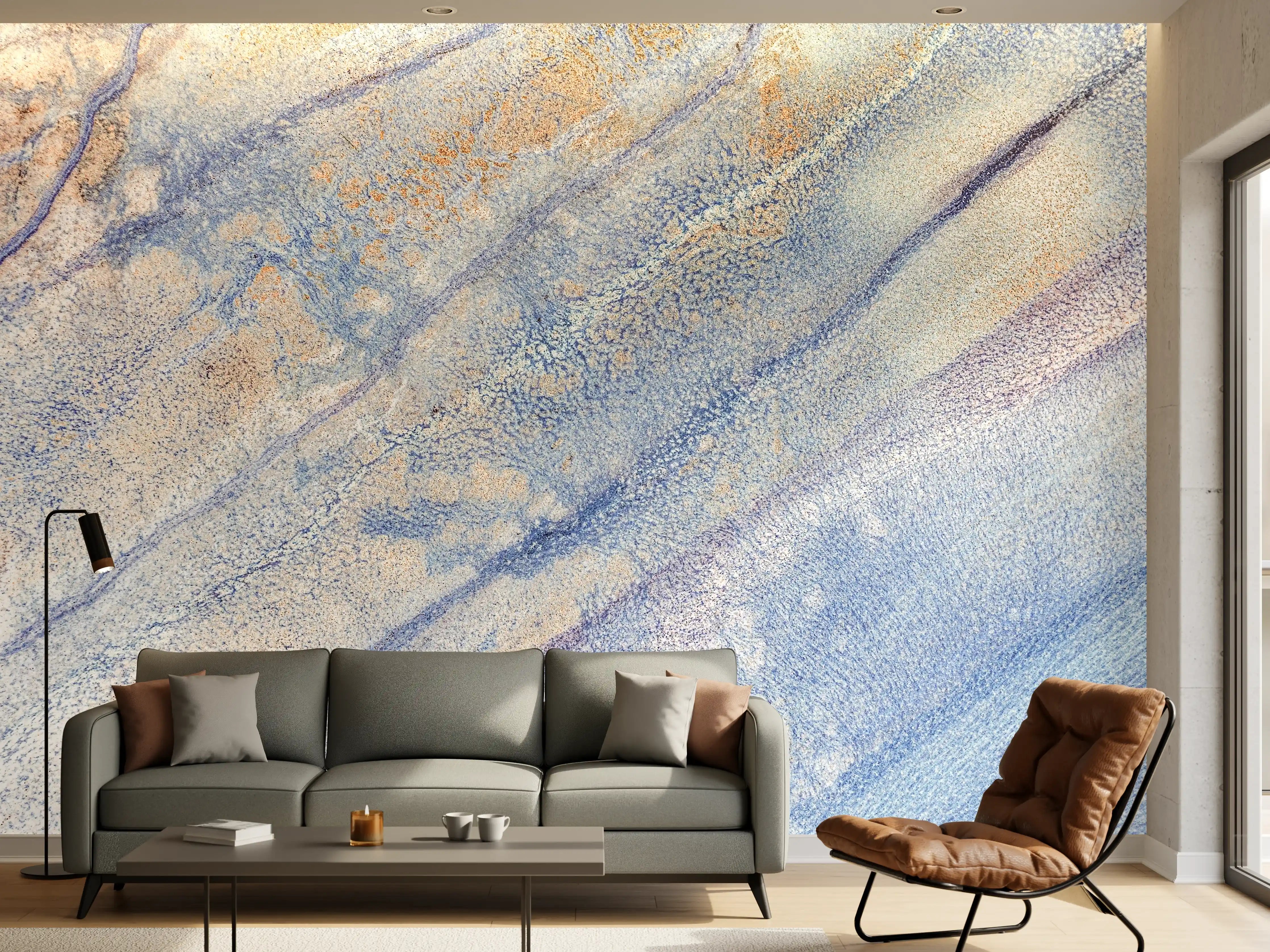 Wandverkleidung Wohnzimmer - Helles Wasserfarben-Aquarell mit Sanften Blau- und Orangetönen