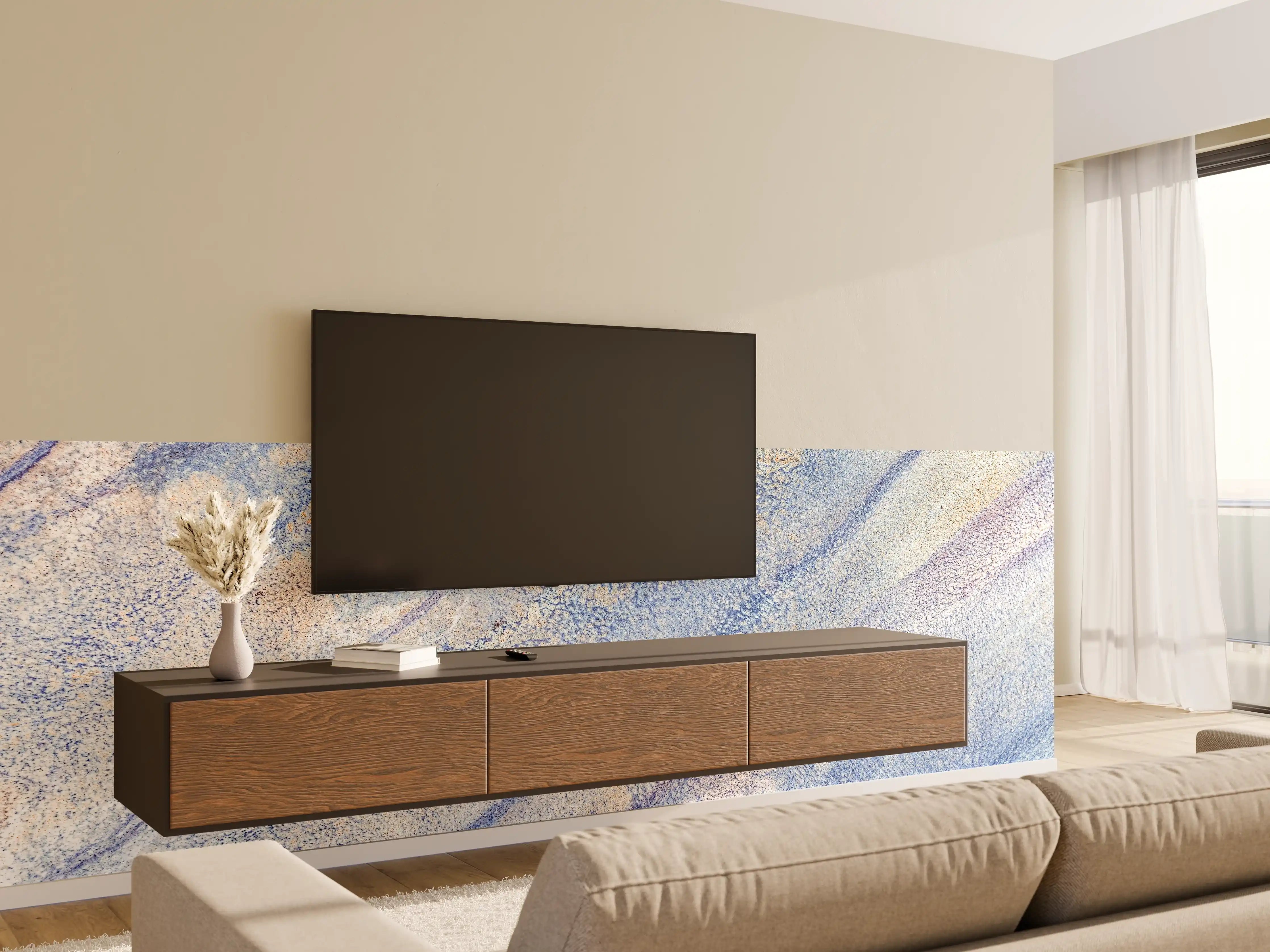 Wandverkleidung Wohnzimmer - Helles Wasserfarben-Aquarell mit Sanften Blau- und Orangetönen