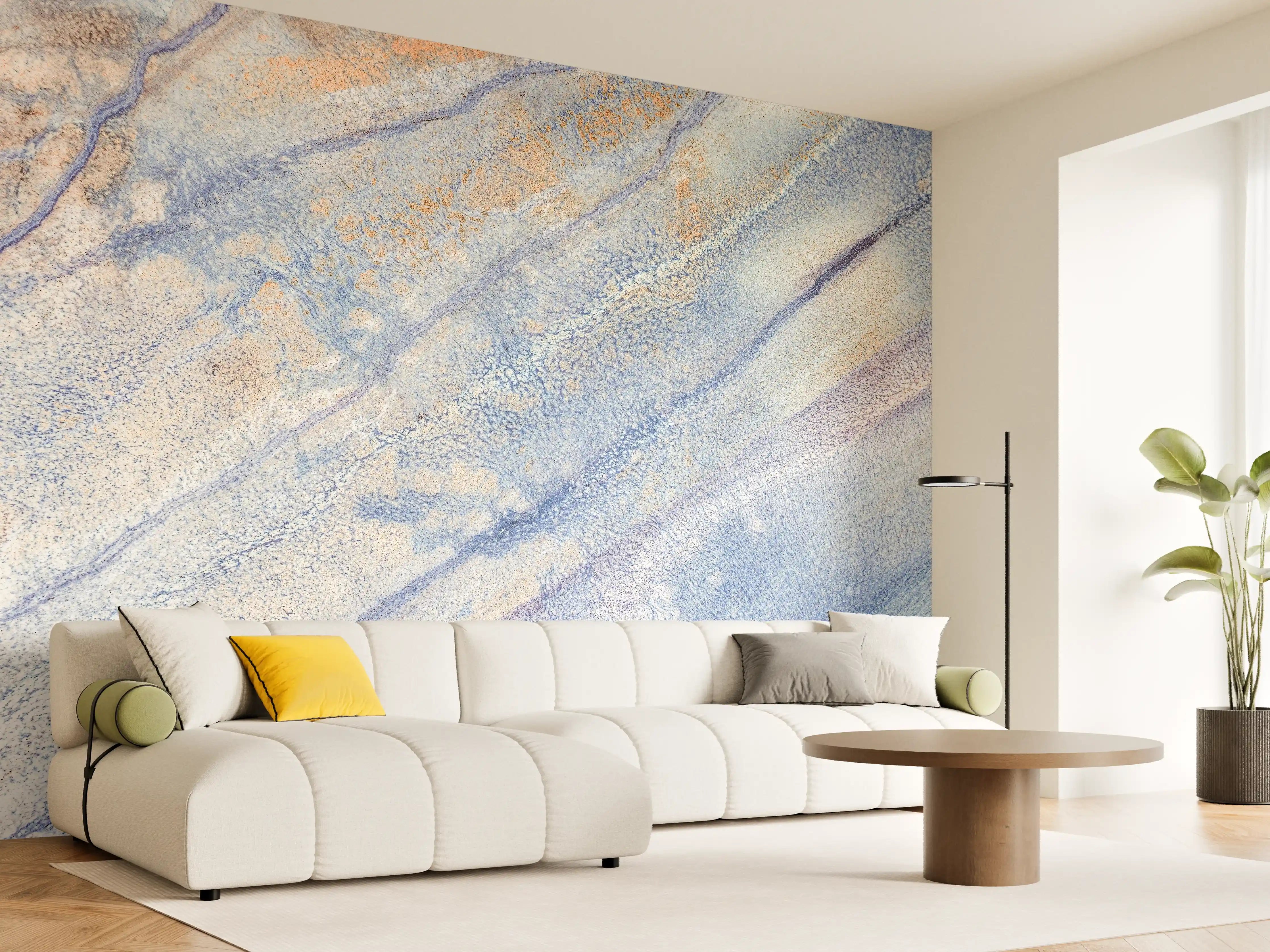 Wandverkleidung Wohnzimmer - Helles Wasserfarben-Aquarell mit Sanften Blau- und Orangetönen